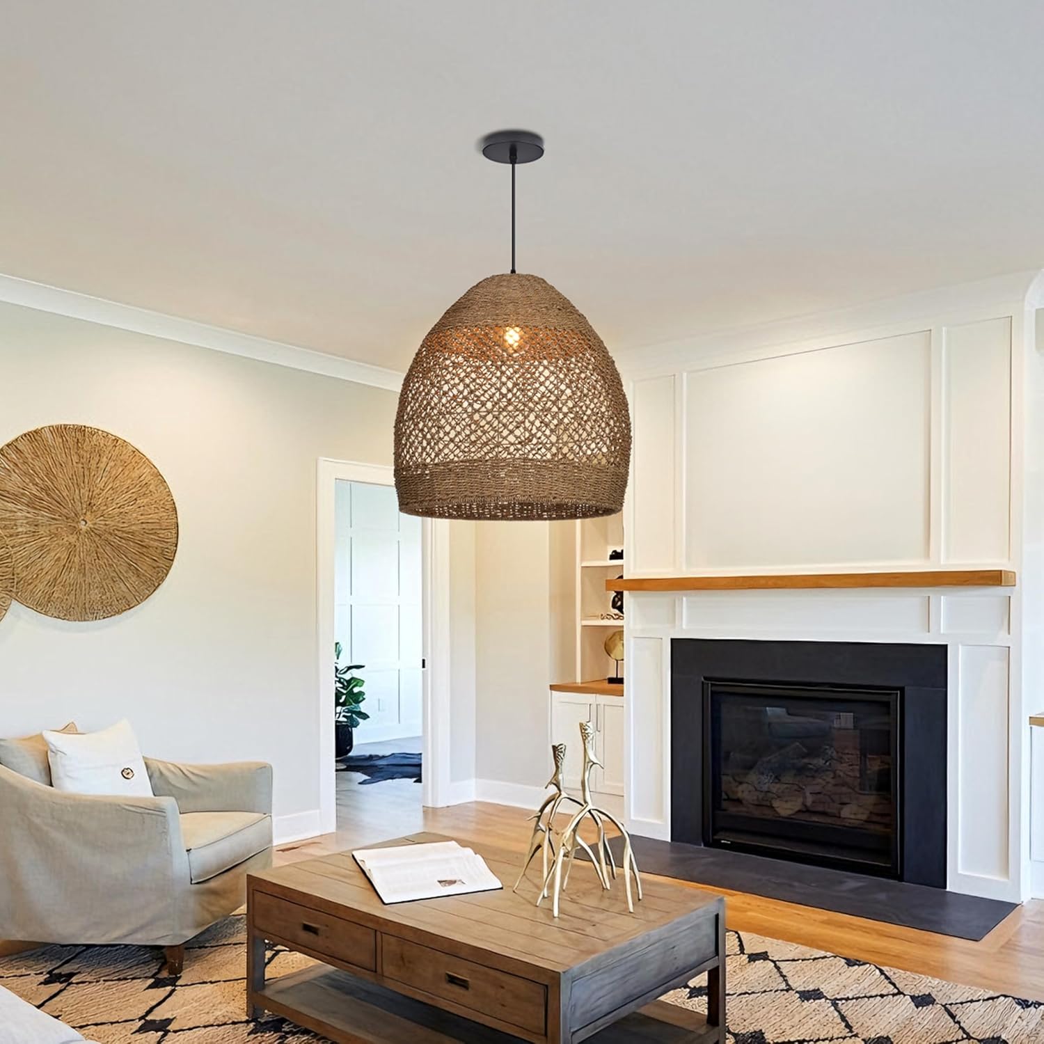 13.7" Boho Rattan Chandelier Light Fixture, 1-Light Hand Woven Coastal Ceiling Pendant Lights Kitchen Island Farmhouse Hanging Lamp for Dining Room, Bedroom, Living Room, Entryway, Foyer