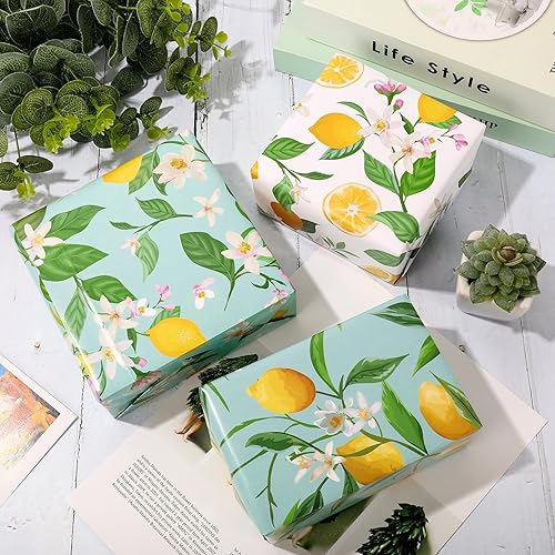 Miniatura 4 de Generic AnyDesign - 12 hojas de papel de regalo de limón de verano, no se enrolla, papel de regalo de flores de limón en acuarela, papel de arte