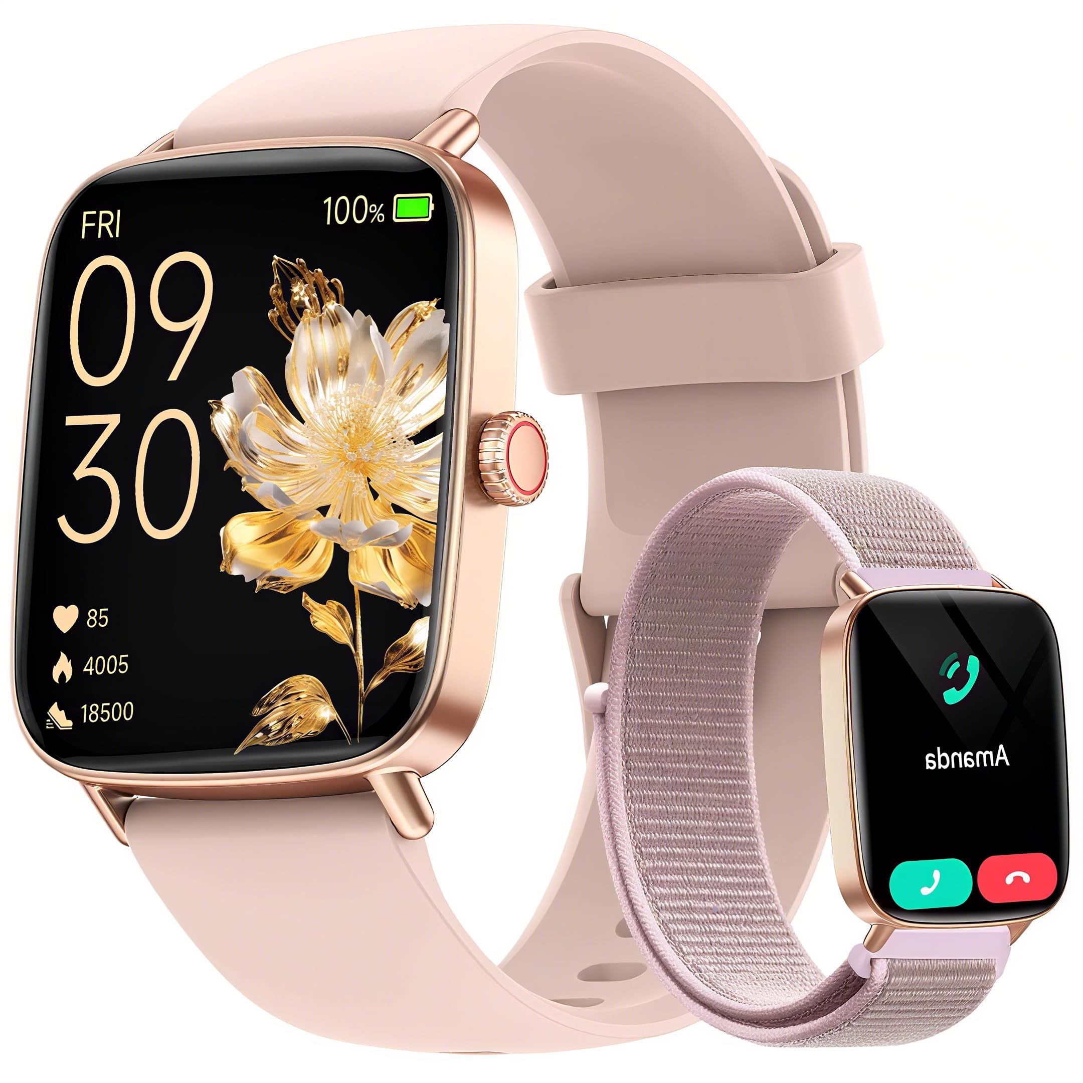 Smartwatch Donna Uomo Chiamate e Whatsapp, 1.85" Smart Watch Contapassi Cardiofrequenzimetro da polso/SpO2/Contapassi/Sonno, Orologio Smart Fitness Sportivo Impermeabile per Android iOS Rosa
