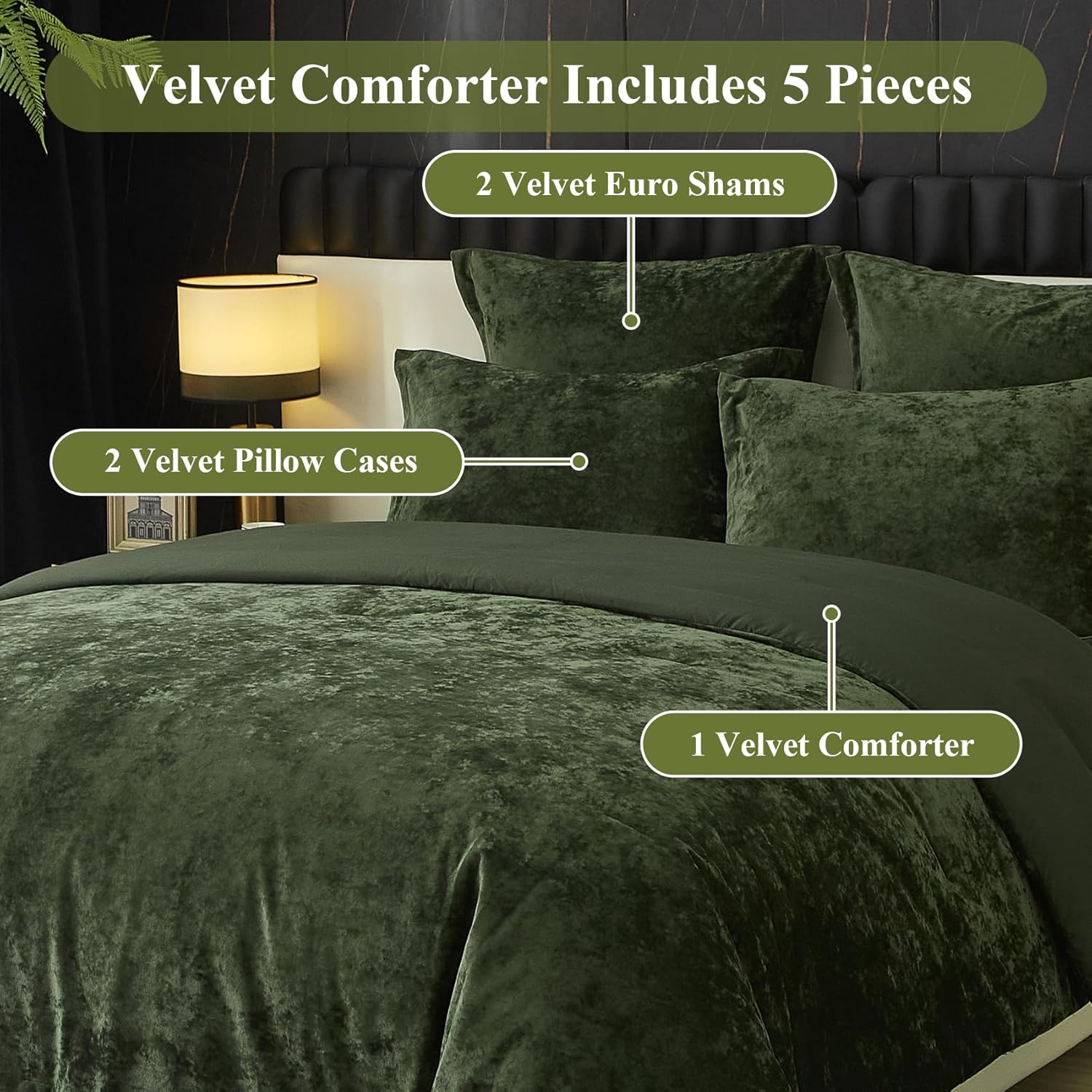 Ivellow Crushed Velvet Comforter Set Queen Green Comforter Set 5pcs Ultra Soft Lightweight Breathable Bedding Set Luxury Cozy Flannel Comforter Queen Size (1 Comforter,2 Pillow Shams, 2 Euro Shams - Image 4