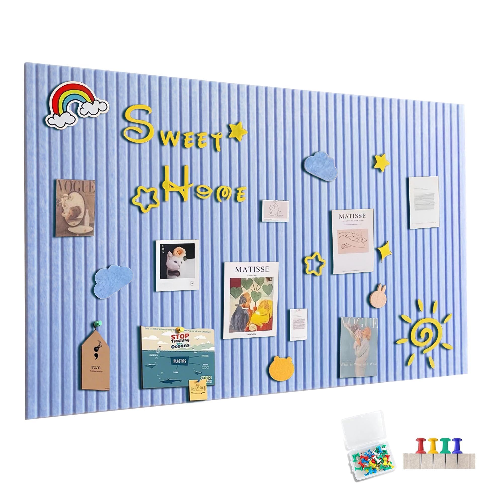 120x90cm Large Self-Adhesive Felt Noticeboard, Felt Board Memo Boards with 60 Push Pins Bulletin Board Wall Decoration for Office Kitchen, Photos Memos, Light Blue — image 1