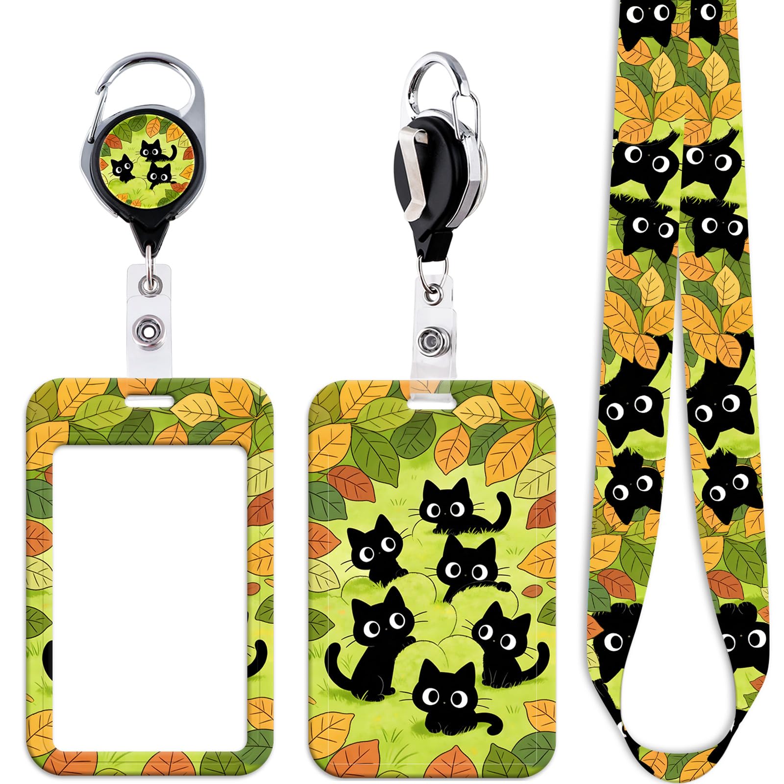 Cute Black Cats ID Card Holder Lanyard for Keys ID Badges Flowers Work Retractable Badge Holder Reel Clip Autumn Leaves ID Badge Holder Lanyard for Neck for Women Kids Teachers Nurses Staff — image 1