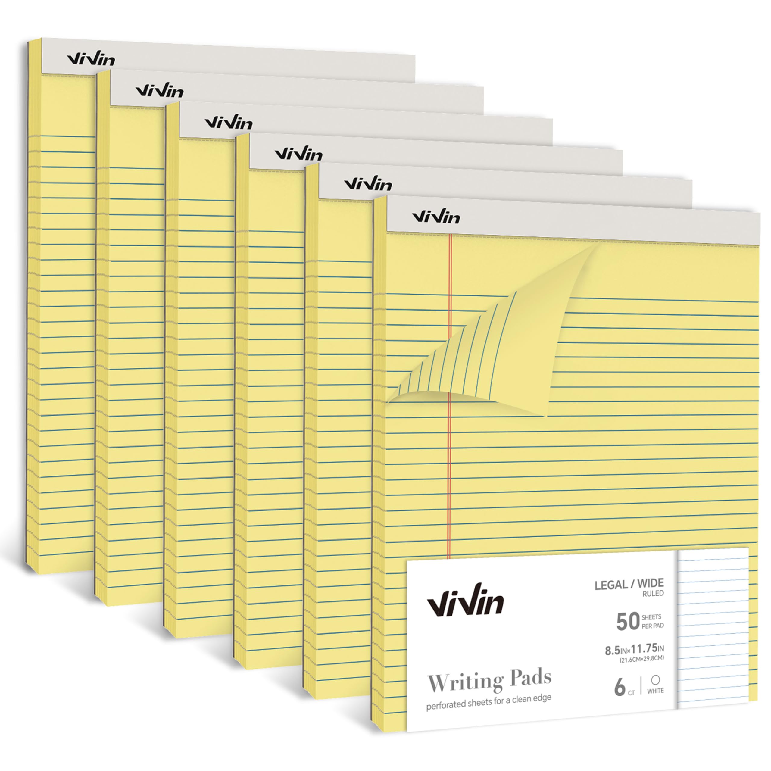 ViVin Legal Pads 8.5 x 11 Inch, Wide Ruled Note Pads, 6 Pack, 50 Sheet/Pad, Notepads for Office Home School, 300 Sheets, Perforated Writing Pads,