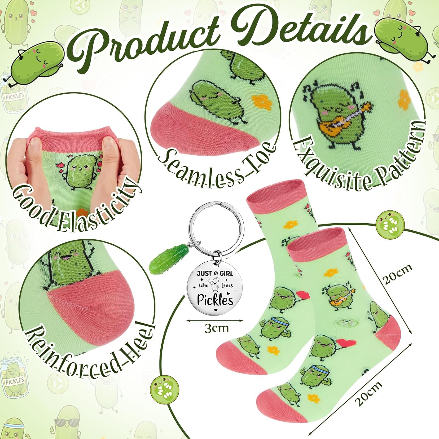 6 Pcs Pickle Gifts for Pickles Lovers Shopping Tote Bag Keychain Cosmetic Bag Sock Spiral Notebook Ballpoint Pen Just a Girl Who Loves Pickles Birthday Christmas Gift Pickle Gift Set for Women - Image 6