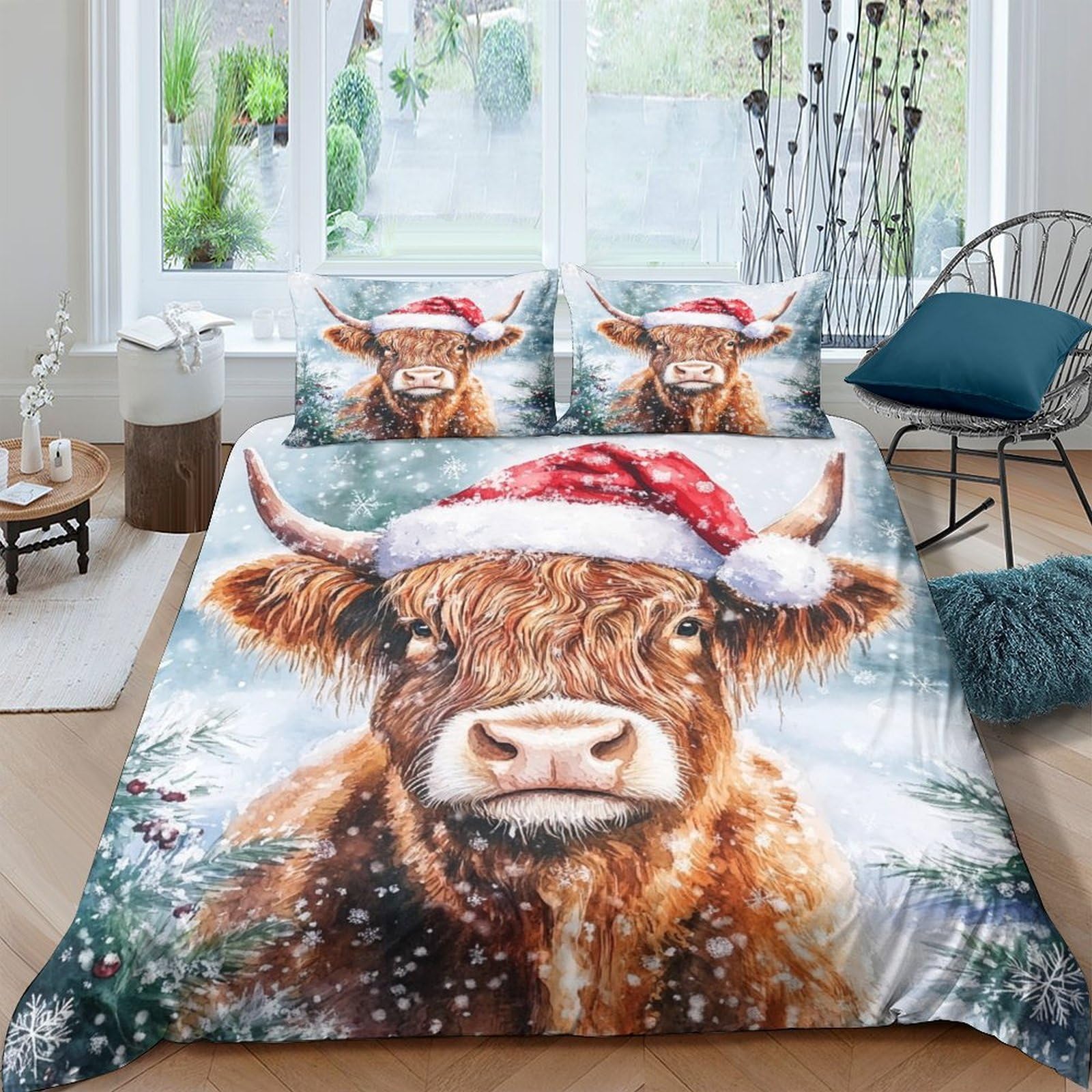 Ctjqhvkz Style-2 3D Printed Christmas Cow Fitted Sheet Microfiber Soft Breathable Santa Hat Bed Sheet For Bedroom Decor Single（135X200cm）