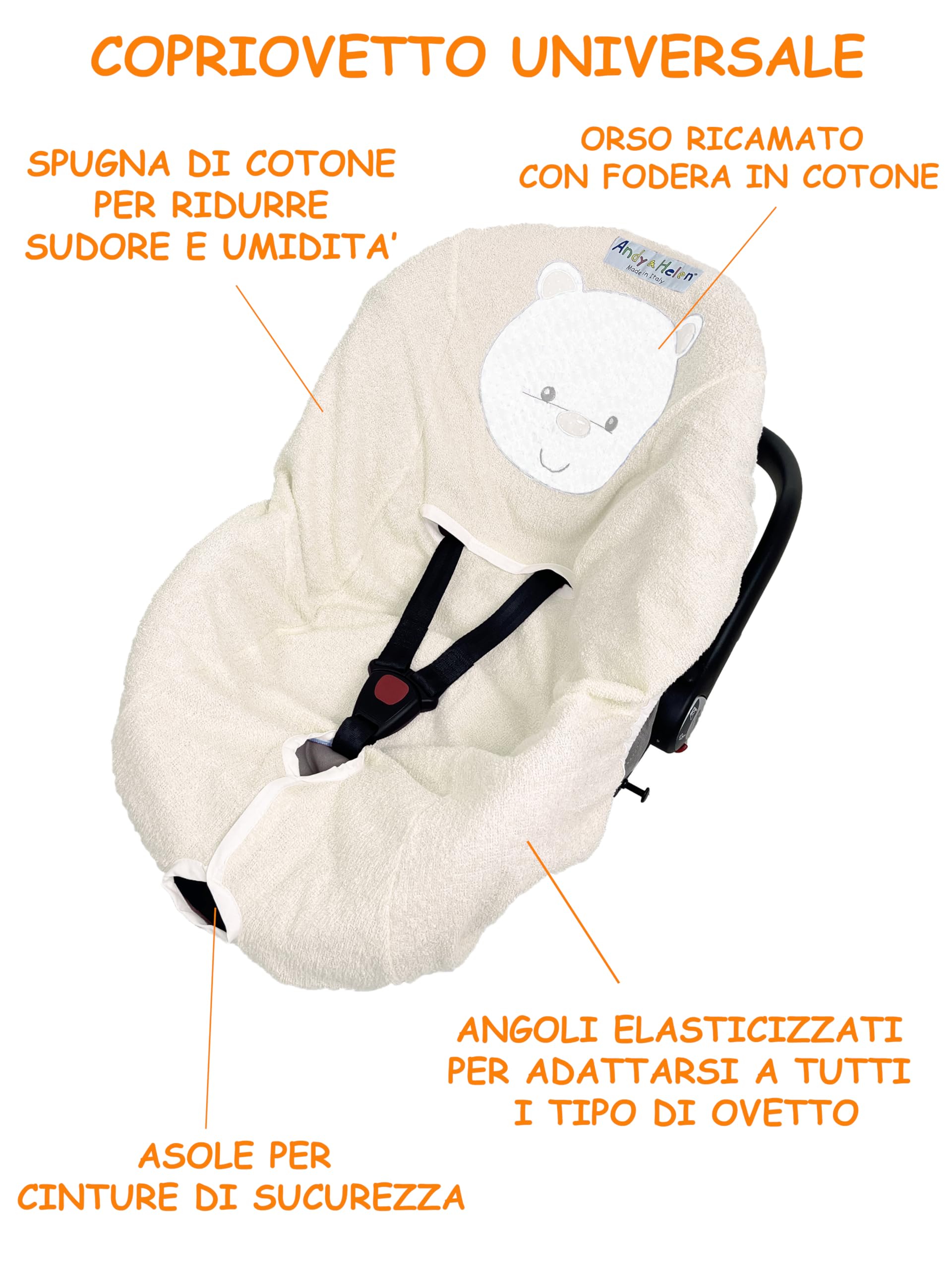 ANDY & HELEN Bezug für Babyschale aus Frottee, Bestickt, praktischer und bequemer Bezug durch elastische Ecken, passt auf alle Babyschalen im Standardformat - Creme