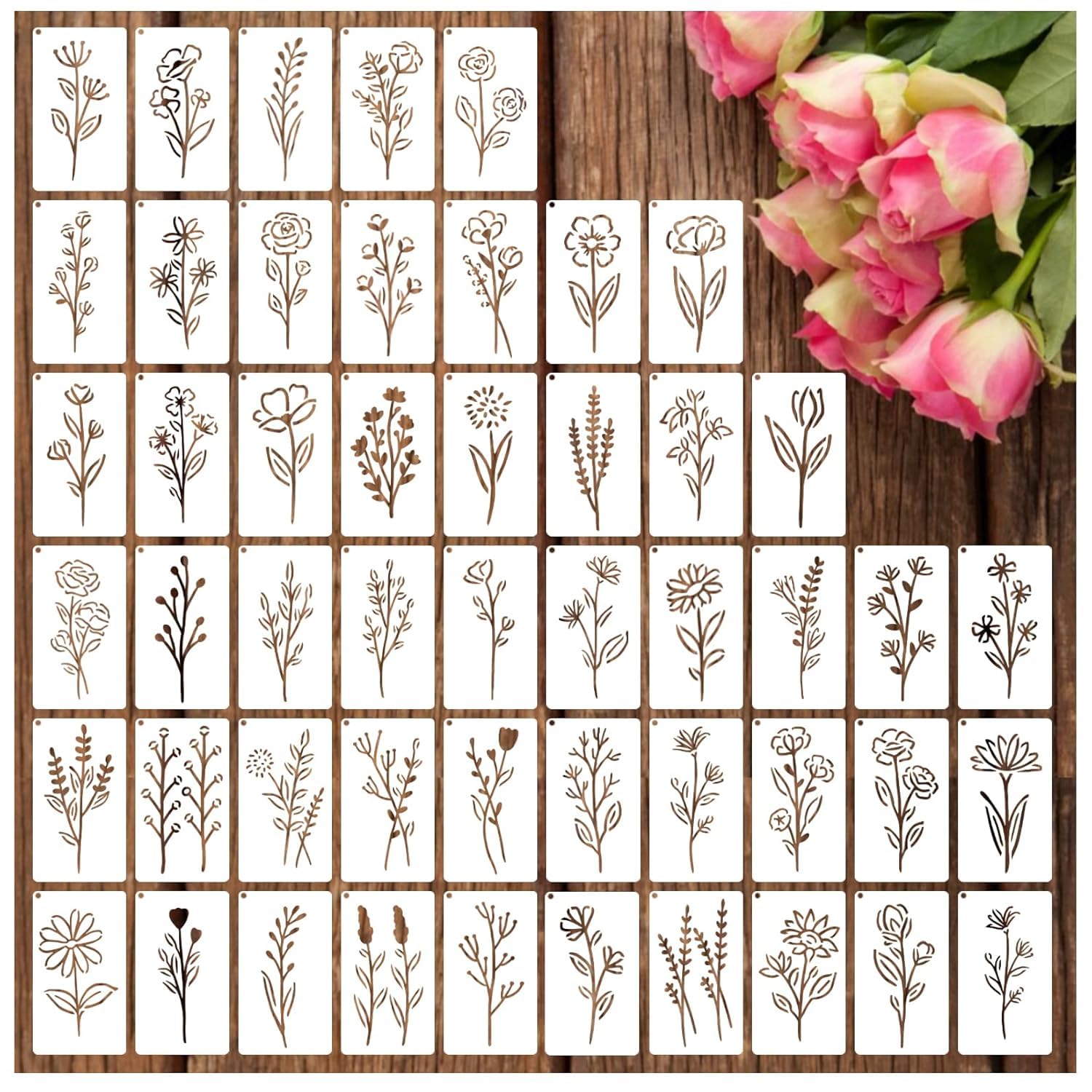 Devasya Crafts Botanical Flower Stencils for Crafts Small Wildflower Floral Paint Stencil for Painting on Wood Card Making, Tiny Nature Vine Herb Essential Art Stencils for Adults Kids Furniture Walls (50 flowers 2)-image-3