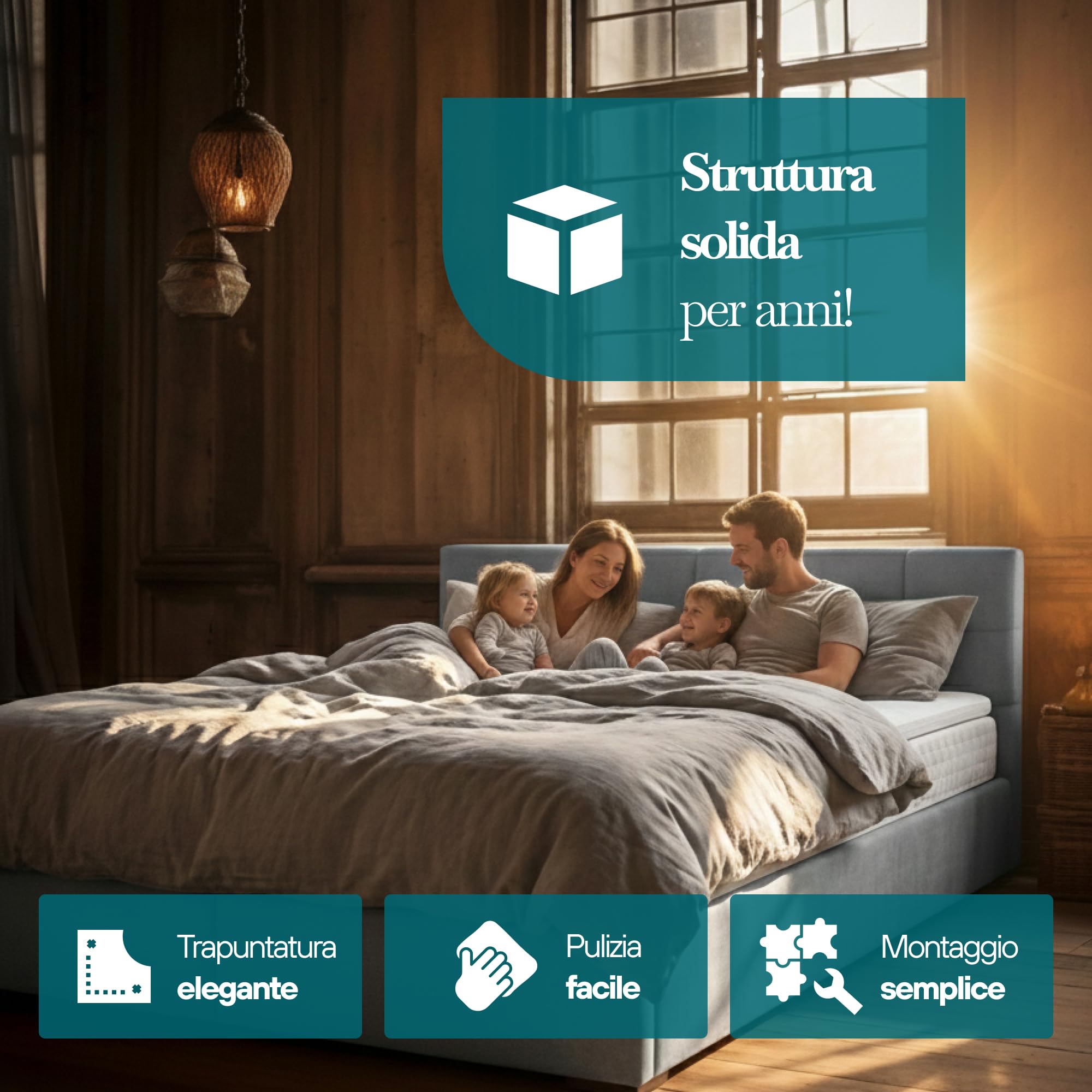TRADA Matrimoniale con Contenitore 200x200 cm e Materasso Bonell - ROYAL - Letto Elegante con Topper 5 cm - Grigio