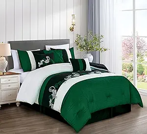 Chezmoi Collection Napa 7-Piece Luxury Leaves Scroll Embroidery Bedding Comforter Set (California King, Green/Black/Cream)