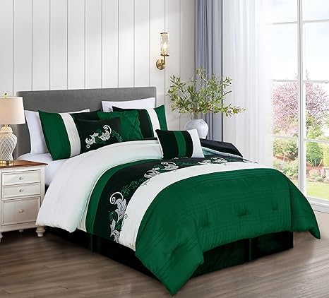 Chezmoi Collection Napa 7-Piece Luxury Leaves Scroll Embroidery Bedding Comforter Set (California King, Green/Black/Cream)