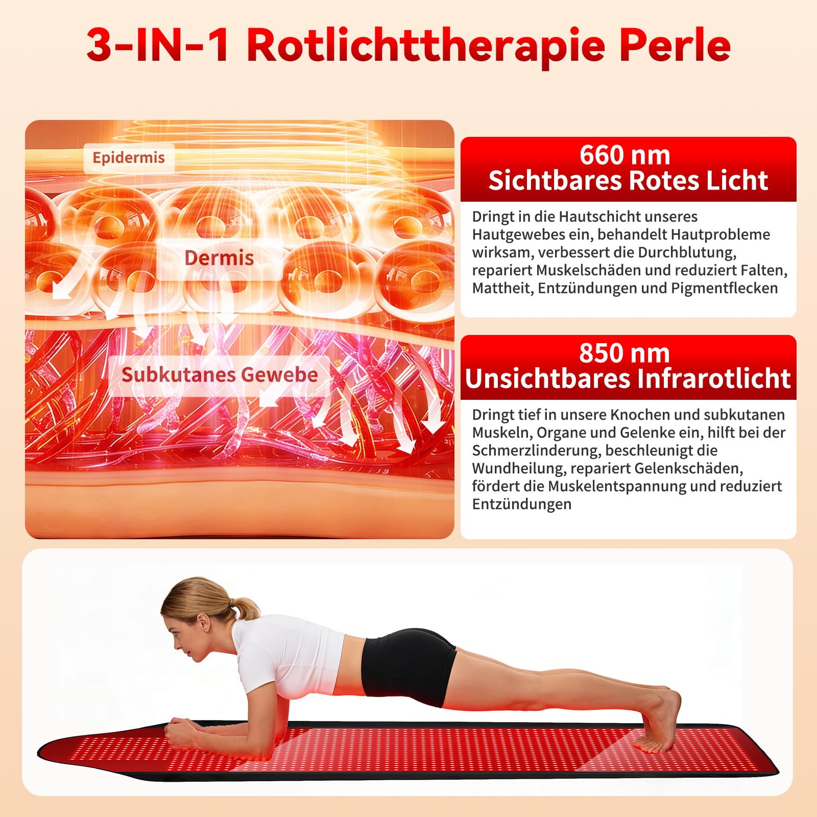 Infrarottherapie & Rotlichttherapie zur Schmerz, 185 * 90cm Infrarot Matte mit 660nm & 850nm 1444 LED Red Light Therapy 5 Helligkeitsstufen Timer, Rotlicht Infrarot Infrarotlampe für Ganzkörper