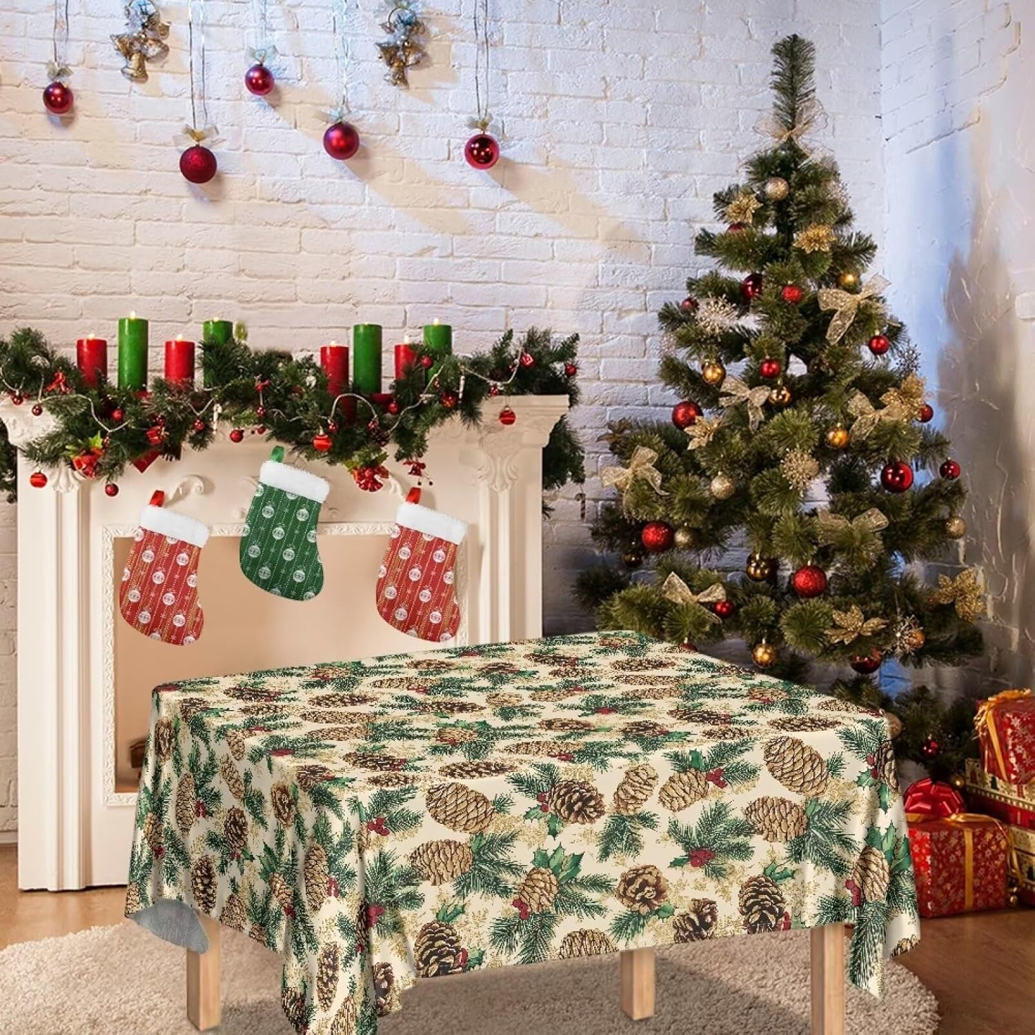 LedBack Christmas Table Cover Protector Heat Resistant Pinecone Print Personalized Rectangular, Tablecloth for Square Table, Card Table, Dining Table, Picnic Table Cloth