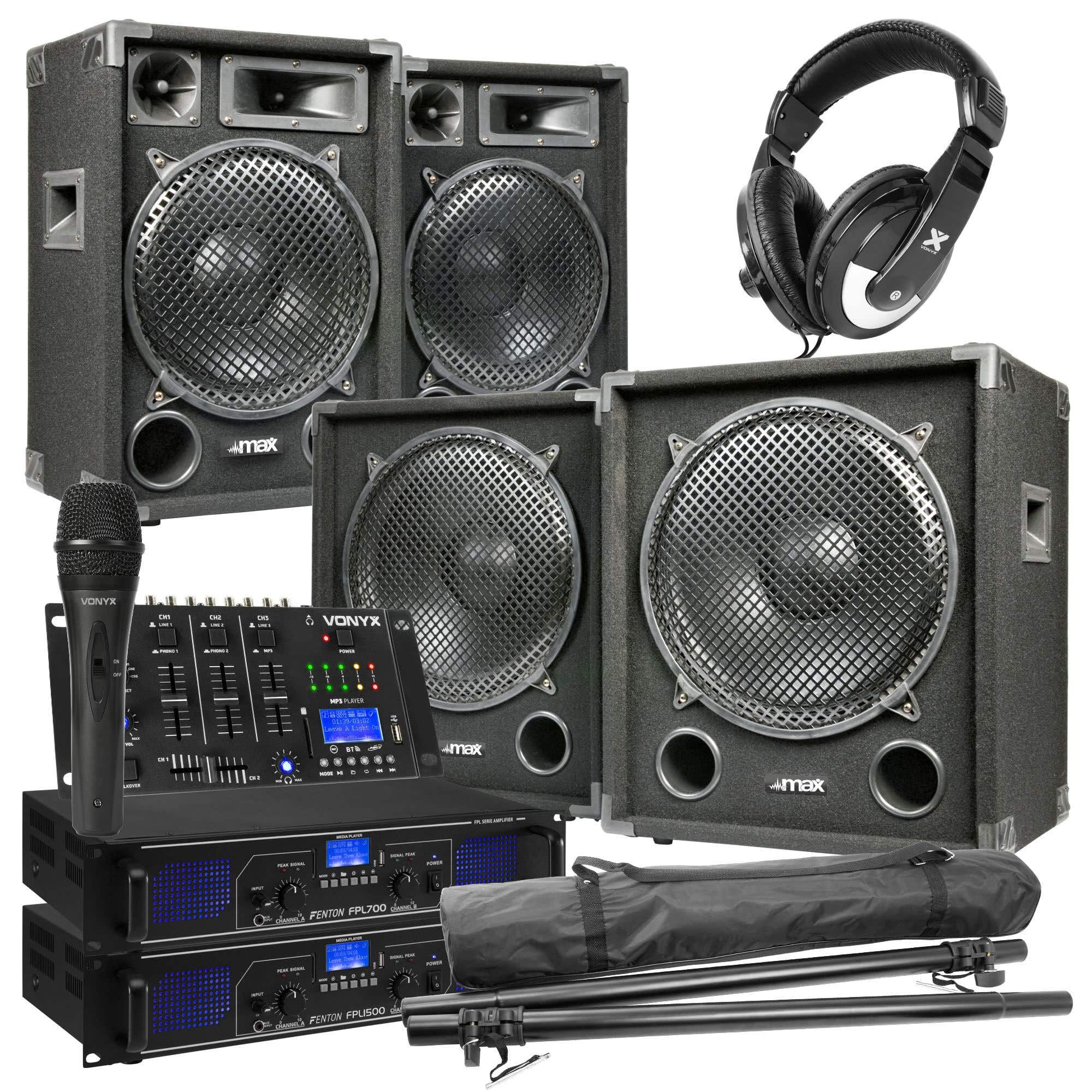 MAX-1215 - DJ Boxen Komplett Set Anfänger - 2200 Watt Peak - 2.2 DJ-Set - 2X Subwoofer, 2X Topteile, 2X Verstärker für Subs und Topteile, Tripod Stative, Kopfhörer, Mikrofon und DJ Mischpult