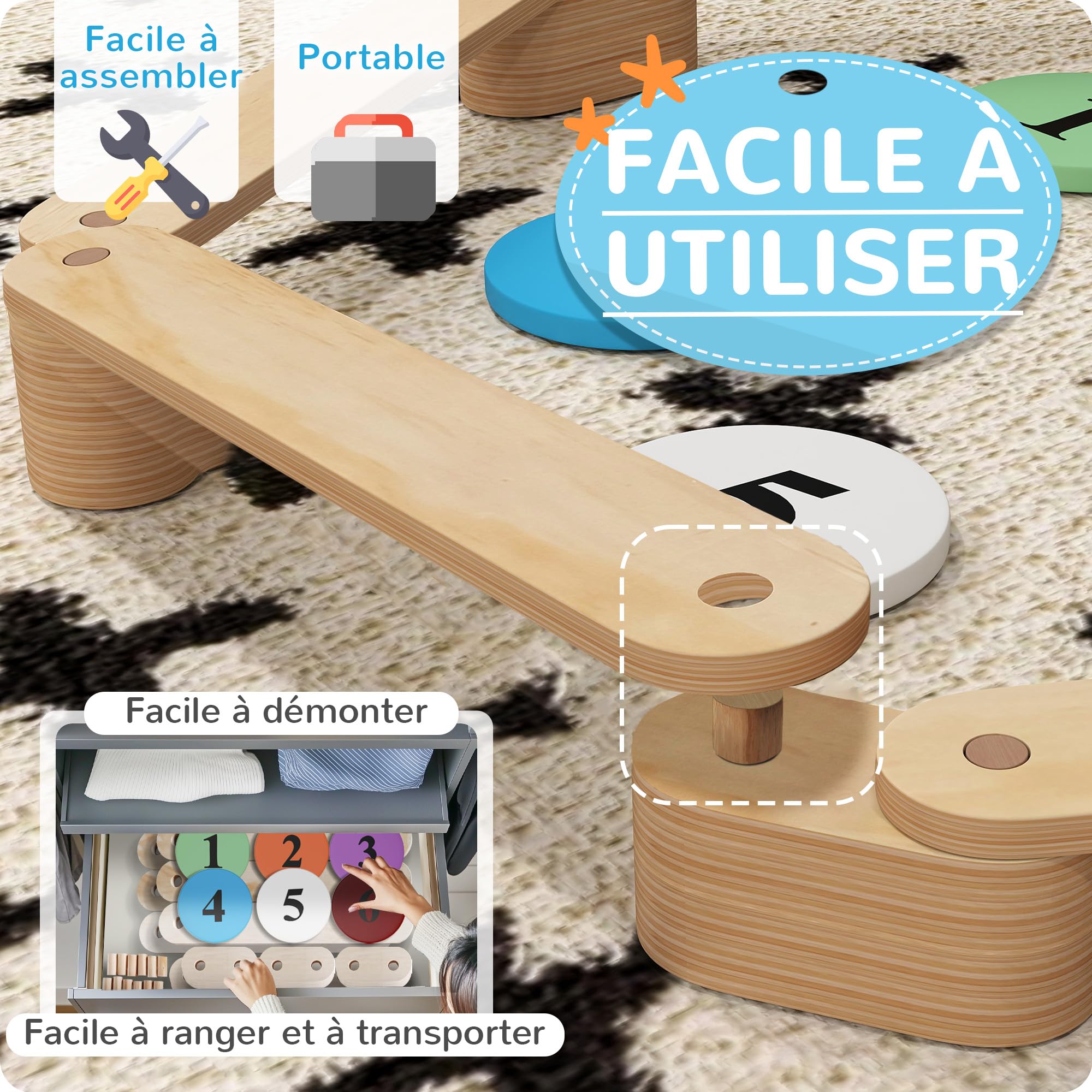 AIYAPLAY Poutre d'Équilibre pour Enfants, Modulable, Bois Massif de Pin, Parcours de Motricité, 6 Pièces pour Intérieur et Extérieur, Jouet Montessori d'Entraînement d'Équilibre, Charge 50 kg, Naturel