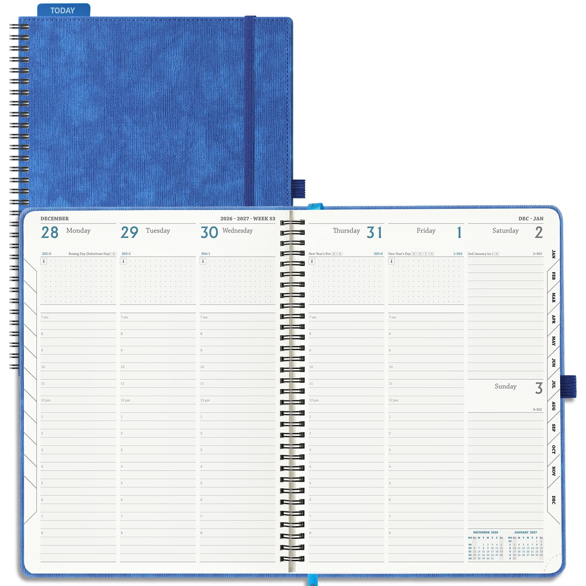 IN-LUXPRO Academic Diary 2026-2027 Week to View A4 Large(29x21.5 cm) Spiral 18 Months (Jul'26 - Dec'27) Mid Year Diary 26/27 Vertical Weekly Planner with Timeslots& Month Tabs, PU Leather Blue