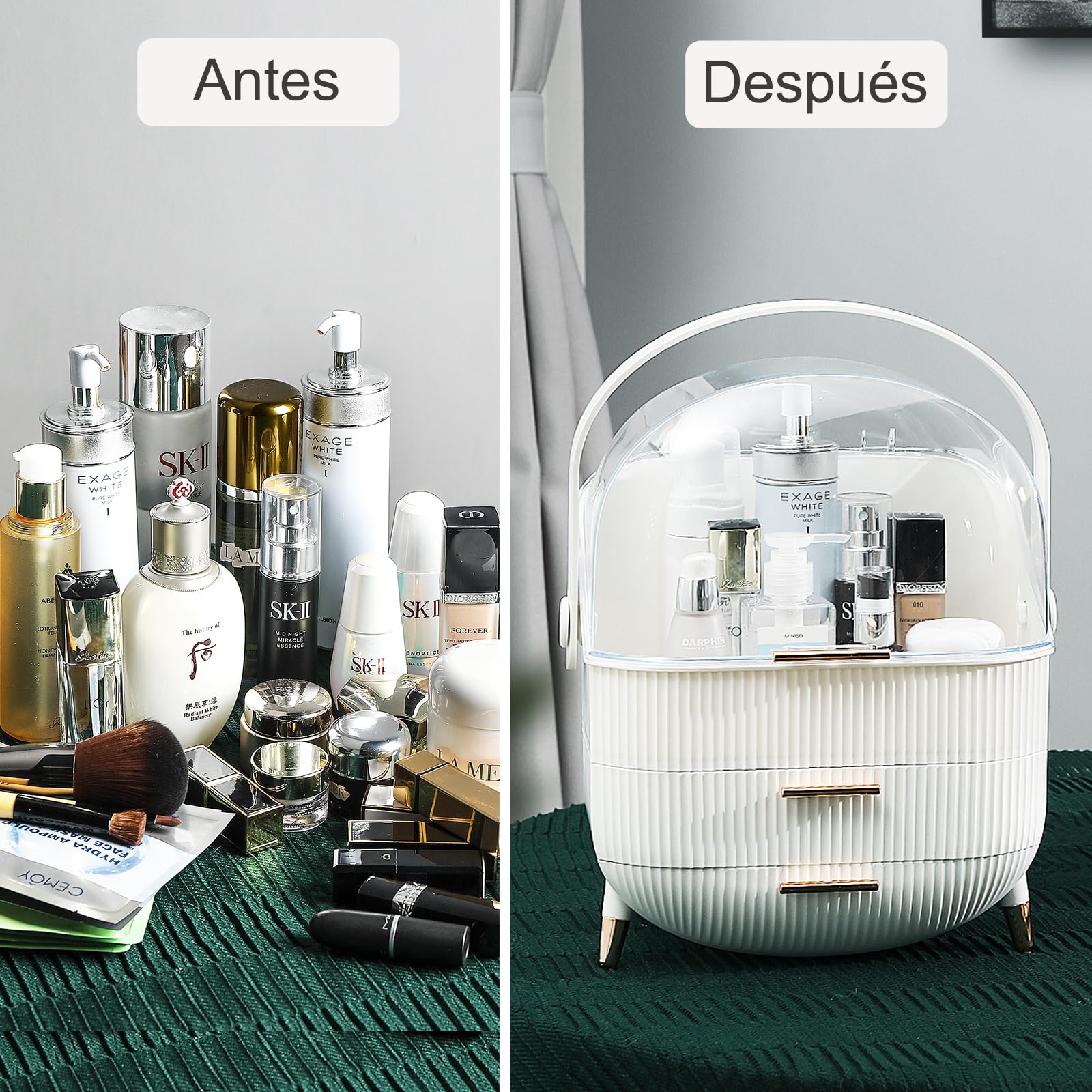 UCAMP Organizador Maquillaje,Organizador de Maquillaje con soporte para brochas,de plástico de 3 niveles con asa y tapa transparente,soporte Organizador Cosmeticos impermeable y a prueba de polvo