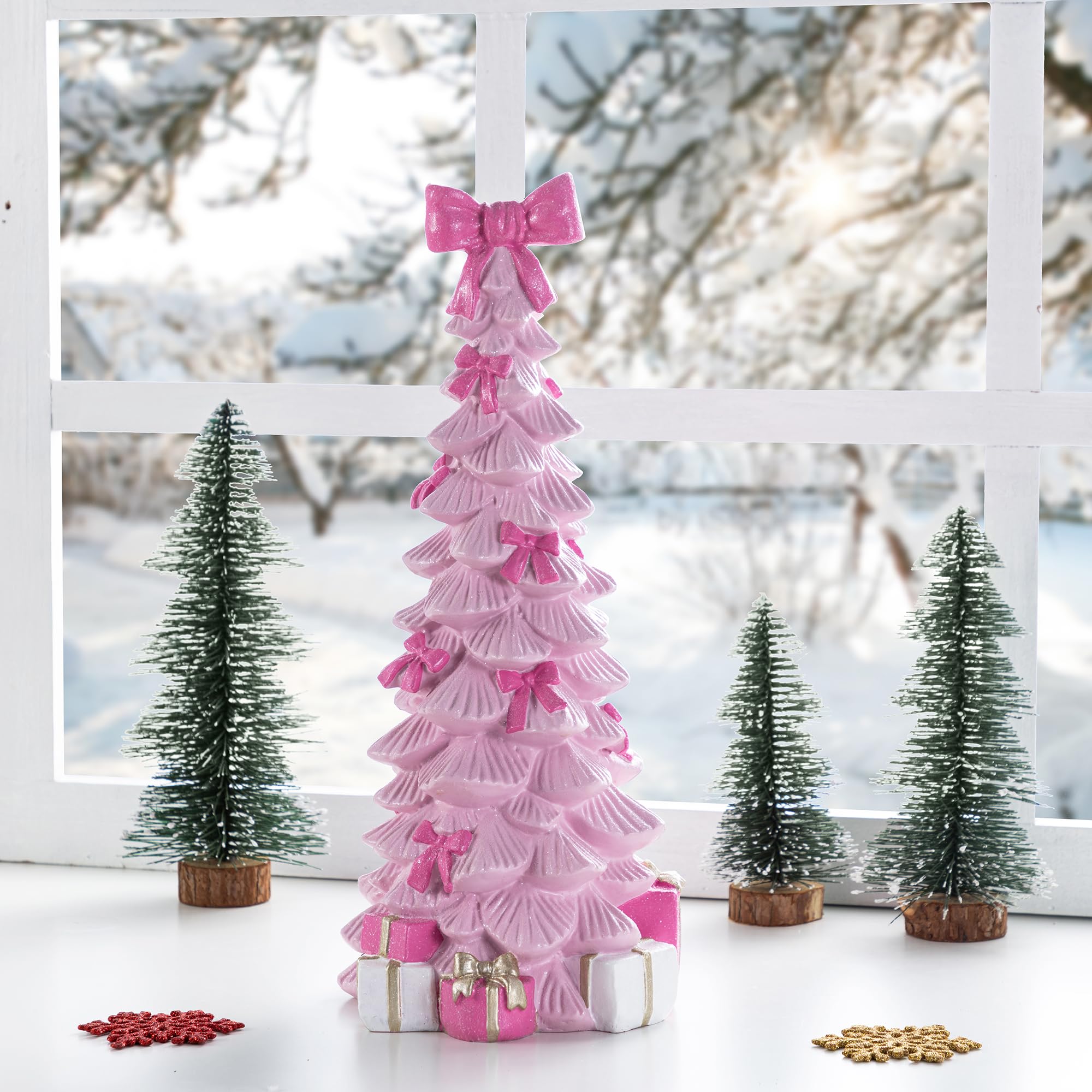 Glitzhome Figuras de resina de árbol de Navidad rosa de 38,73 cm de alto, centro de mesa de árbol de Navidad con lazo rosa brillante, decoración de Navidad hecha a mano para escritorio de vacaciones