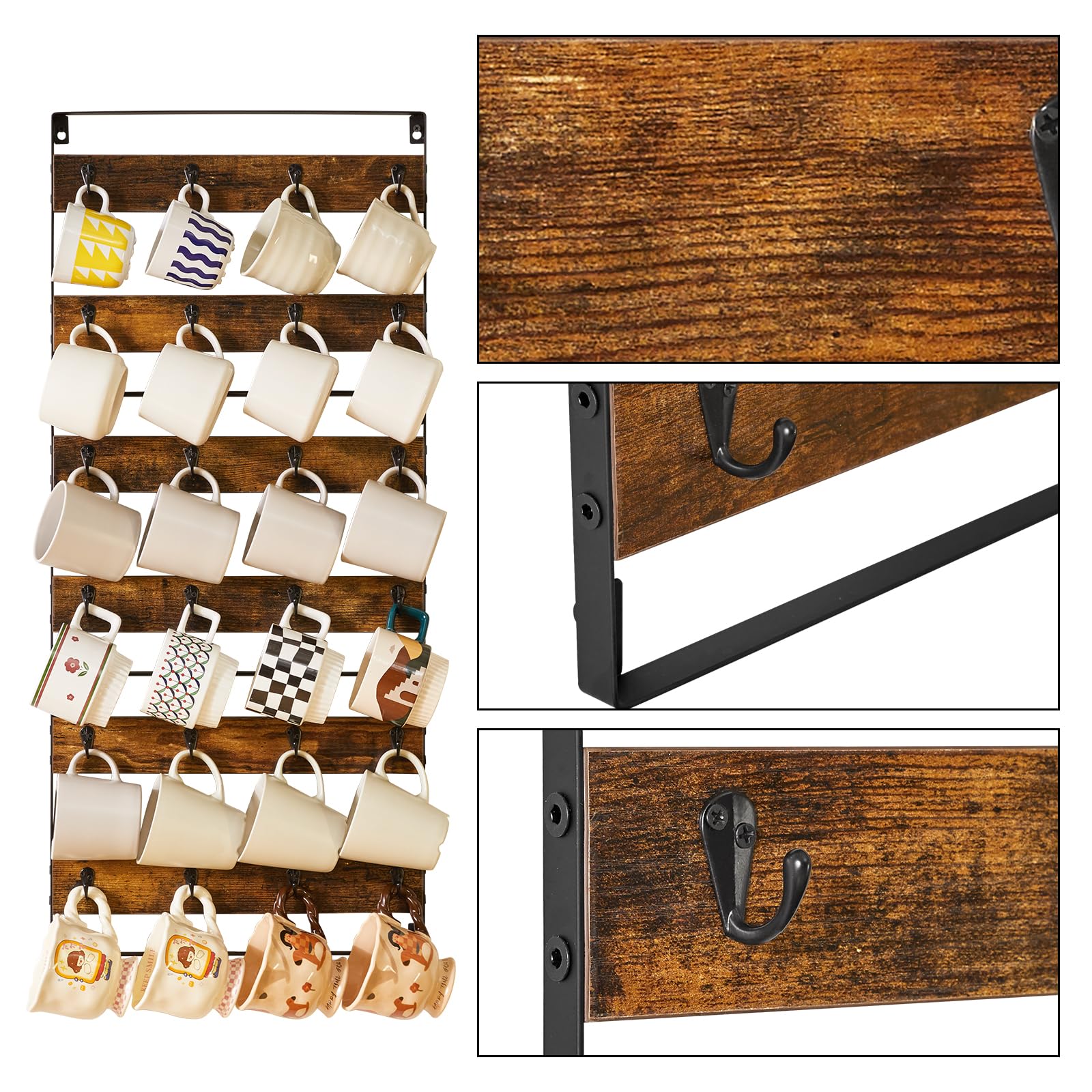 IBUYKE Porta Tazzine da Parete,Set da 3,con 24 Ganci,Marrone TBJ005H-3 | Supporto per tazza da Caffè Porta Bicchieri da Appendere Organizer per Tazze per Cucina Sala da Pranzo Bar