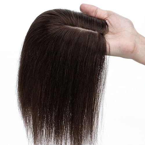 Miniatura 7 de S-noilite Toppers para el cabello humano real, sin flequillo, 10 pulgadas, base de seda marrón oscuro #2 con clip para mujeres con cabello delgado,