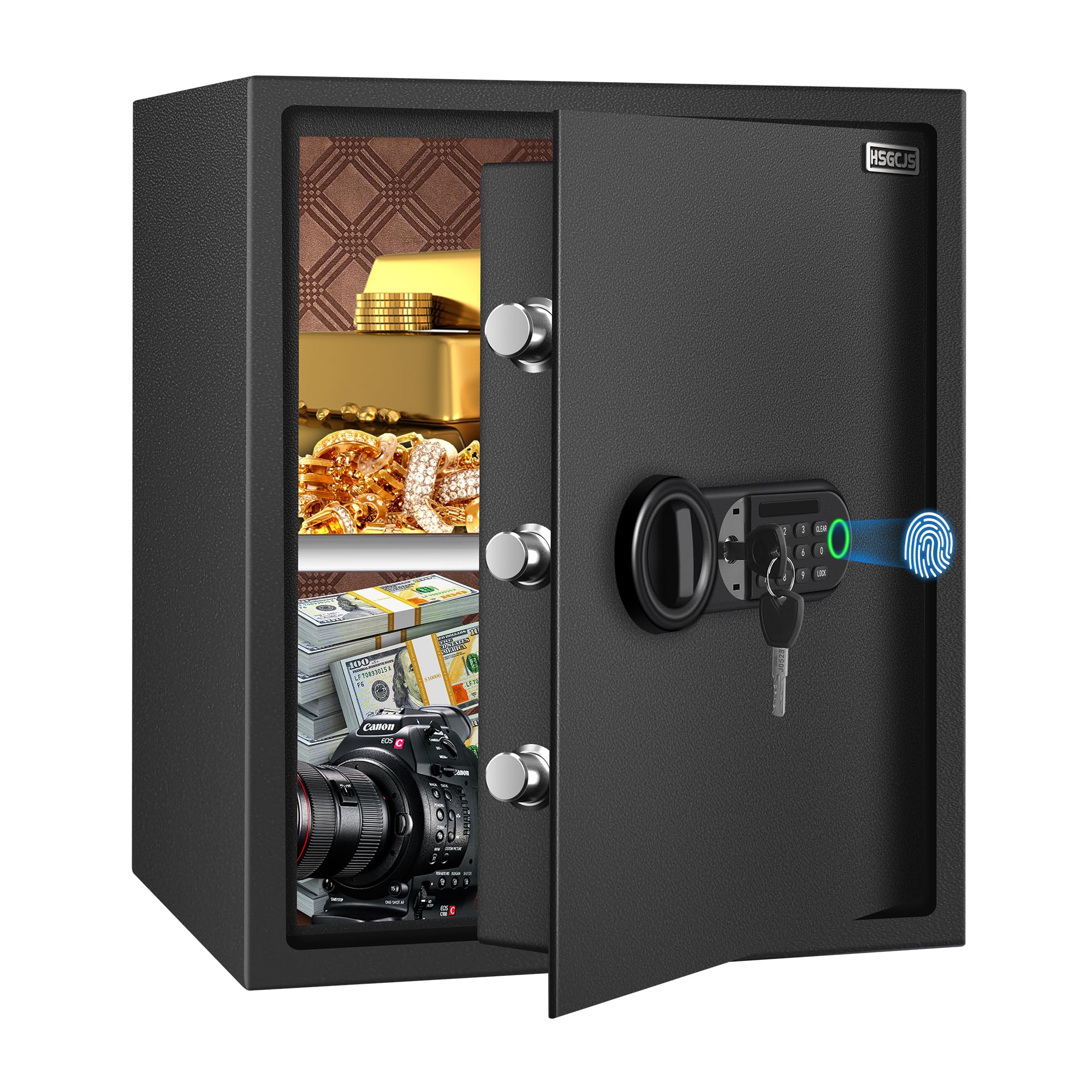 Hsgcjs Black Large Fingerprint Safe – 1.93 Cubic Feet,Biometric Fingerprint Home Safe Box With Digital Keypad,Security Box With Induction Light And Leather, Money Box For Jewelry Cash Document Valuables