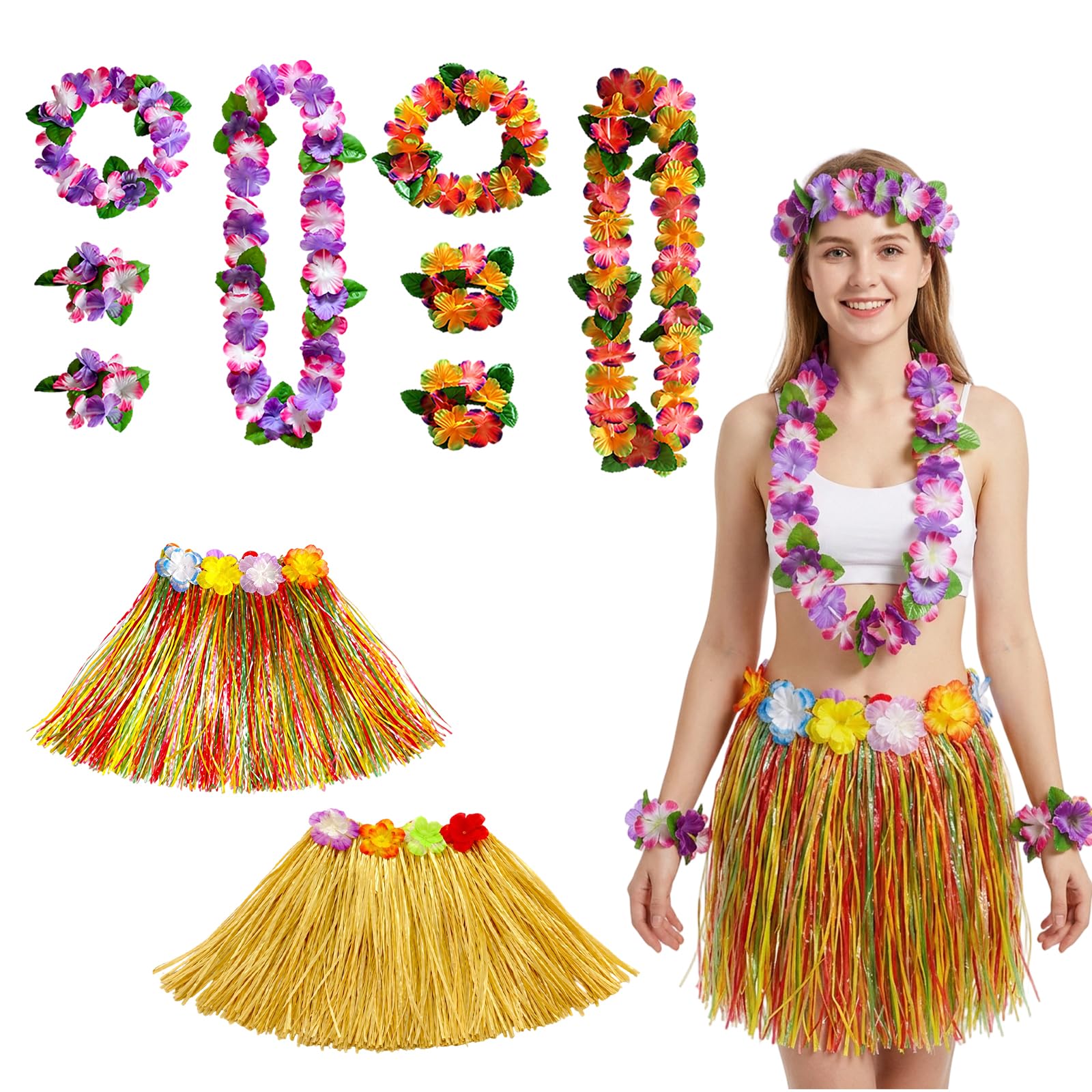 JaiZvt Hawaiian Outfits For Women, Hawaiian Fancy Dress, 2 Set Tropical Party Costume Set With Grass Skirts, Two Complete Sets With Flower Necklaces And Garlands For Adults