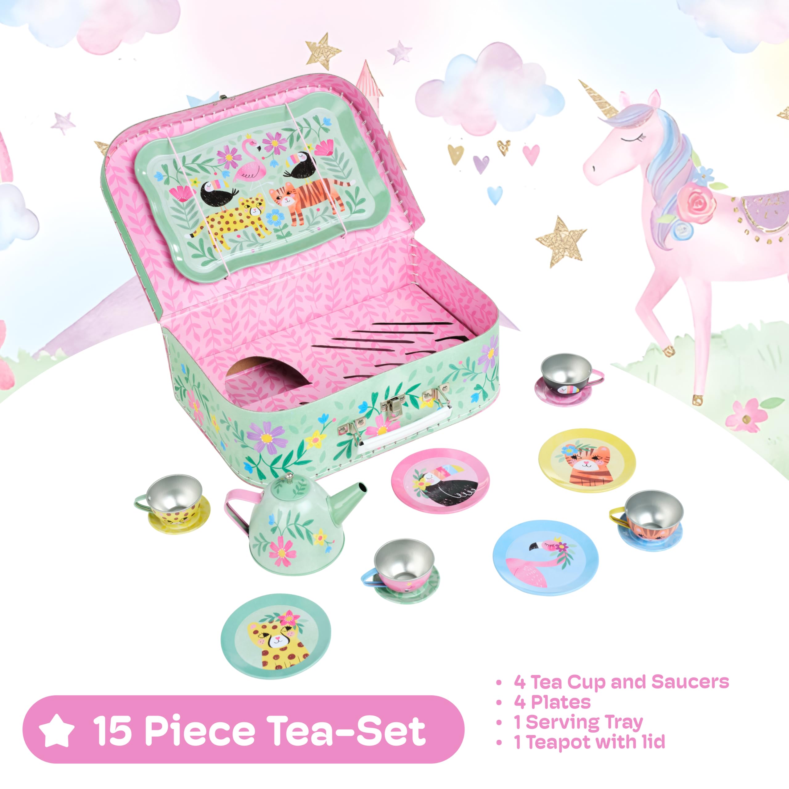 Jewelkeeper - Set Da Tè Per Bambini 15 Pezzi E Custodia Per Il Trasporto - Design Safari