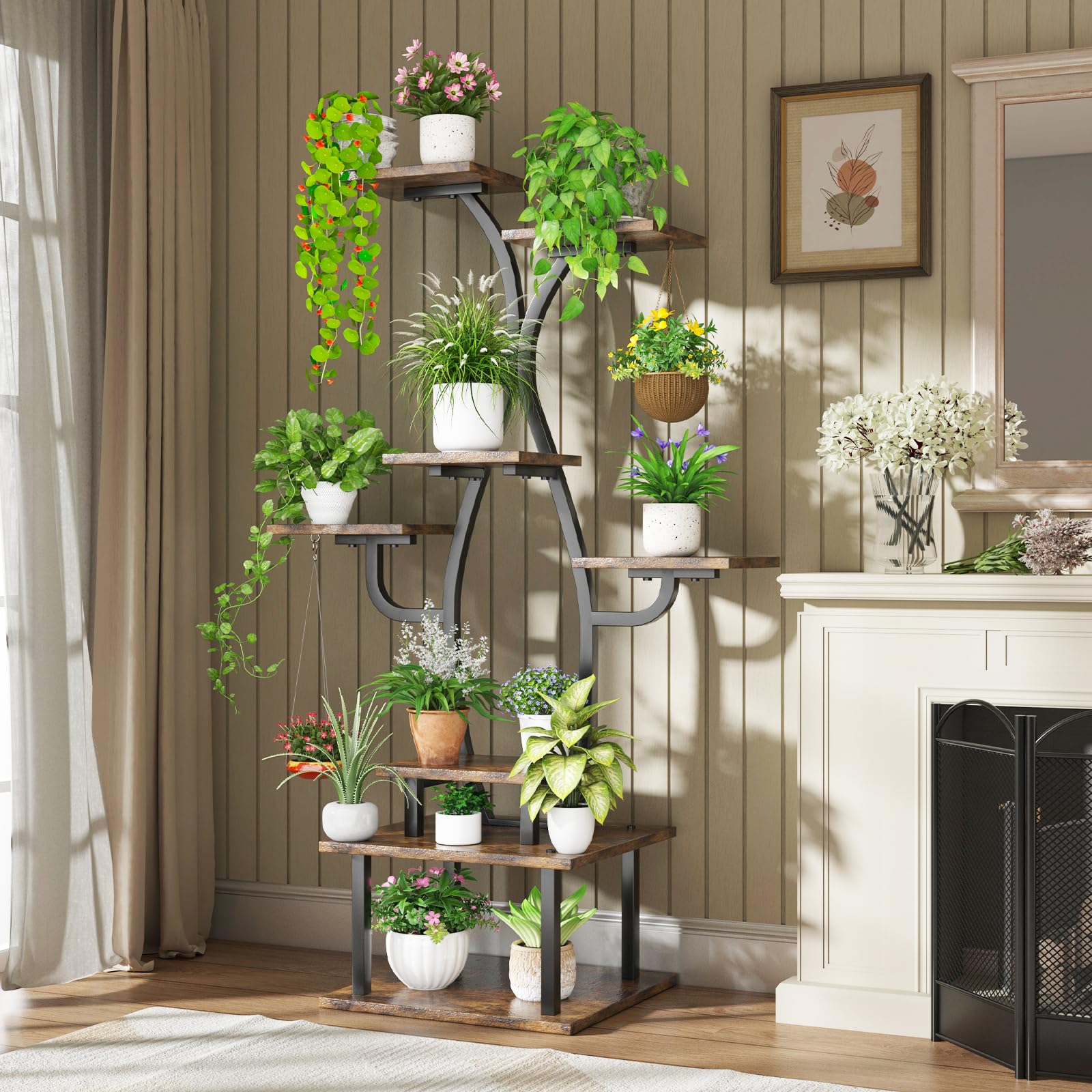 POZILAN Support Pour Plantes D'intérieur Avec Lampe De Culture, étagère à 7 Niveaux Pour Plantes, Support D'angle De 150 Cm De Haut Pour Plantes D' Intérieur, Support De Fleurs Pour Balcon, Salon
