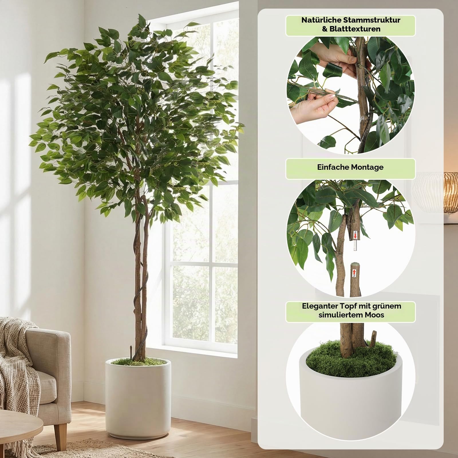 Clevich 180cm Ficus Kunstpflanze Wie Echt,Künstliche Ficus, Weißen Topf,Gebogenem Baumstamm+Üppig Grünen Blättern,Pflegeleichte Zimmerpflanze,Plüschmoos,Künstliche Pflanzen,Einzugsgeschenk,2PCS Moduls