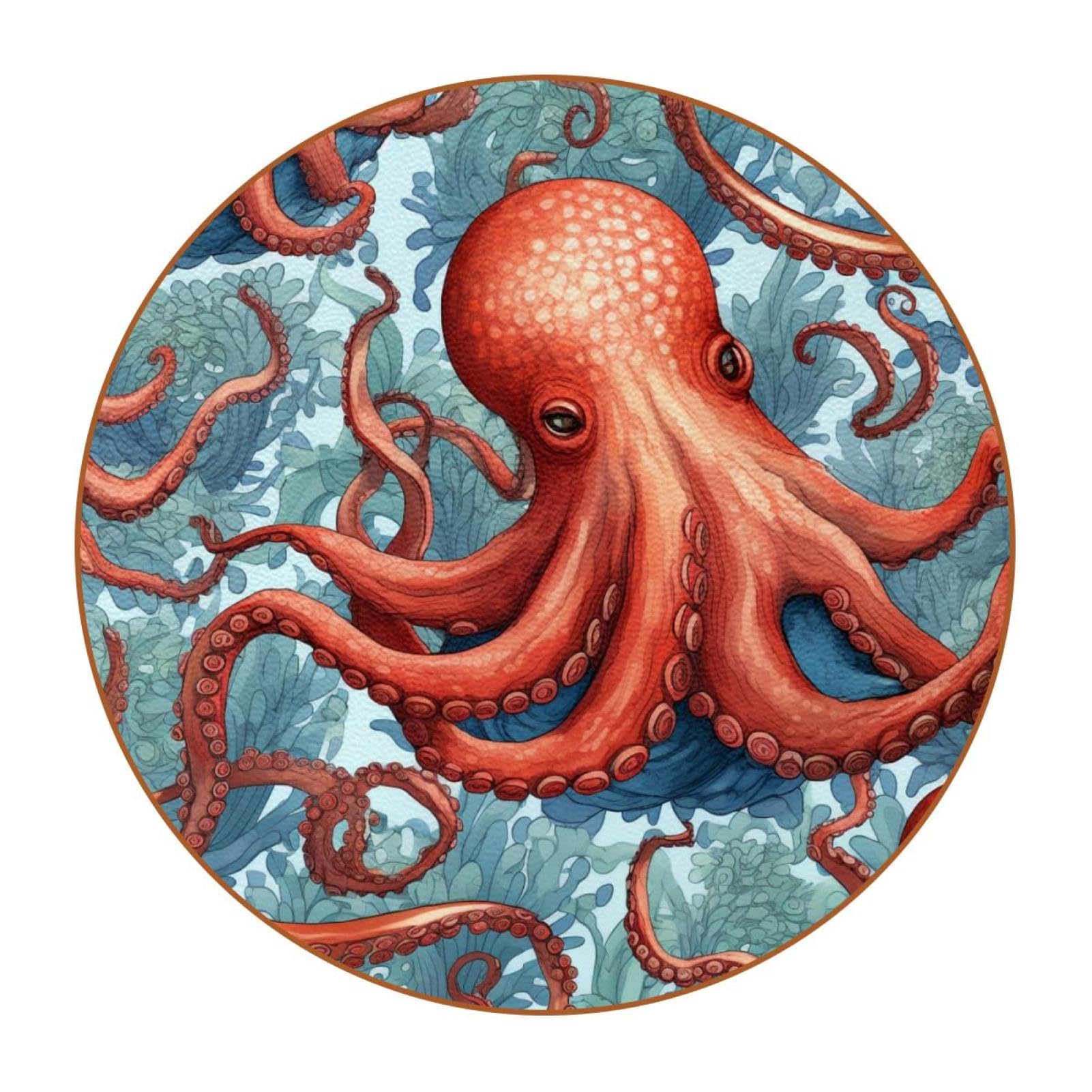 Cartoon-Ozean-Oktopus-Untersetzer für Getränke, 6 Stück, Tisch-Schutzmatte für Weingläser, Tassen und Tassen, wiederverwendbar im Büro, Küche, Bar, 10,9 cm