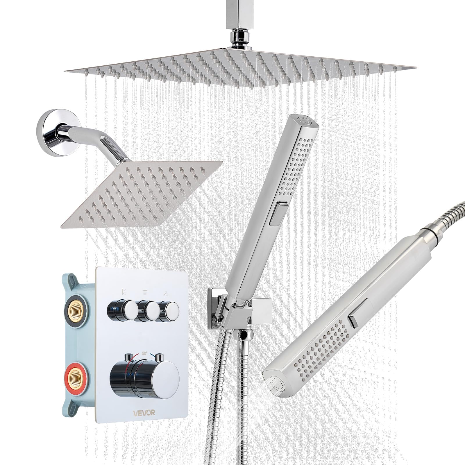 VEVOR Sistema de Grifería, con Ducha de Lluvia de 30 cm, Cabezal de Pared de 15 cm, Ducha de Mano 2 en 1, Cabezal de Lluvia Doble Giratorio 3 Funciones, Embellecedor de Latón, Termostato Cromado