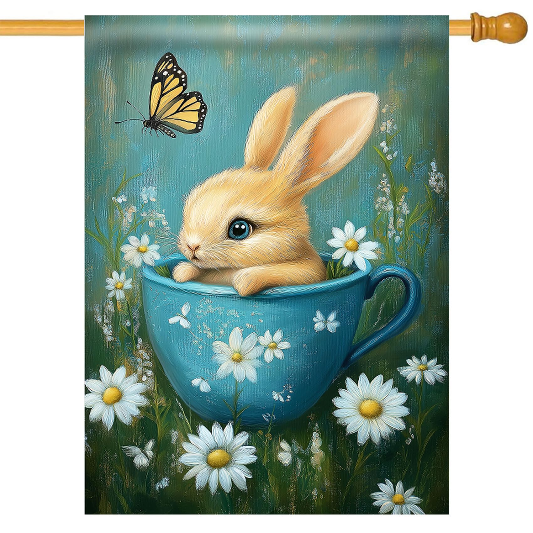 Morigins Easter Bunny Garden Flag Double Sided Daisy Floral Cute Rabbit in Teacup Butterfly for Outside Welcome Spring Holiday House Flag 28×40 inch