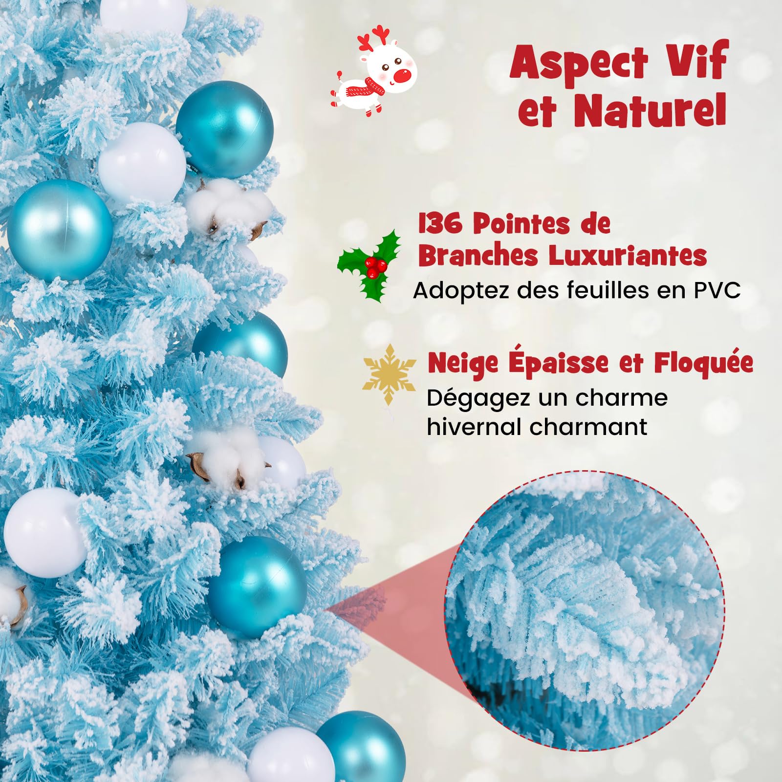 GYMAX Mini Sapin de Noël Artificiel 90 cm, Petit Sapin Décoratif avec Boules de Coton, Plante Artificielle en Pot, 163 Pointes de Branches, Idéal pour Décoration Intérieure, Maison, Bureau (Bleu)
