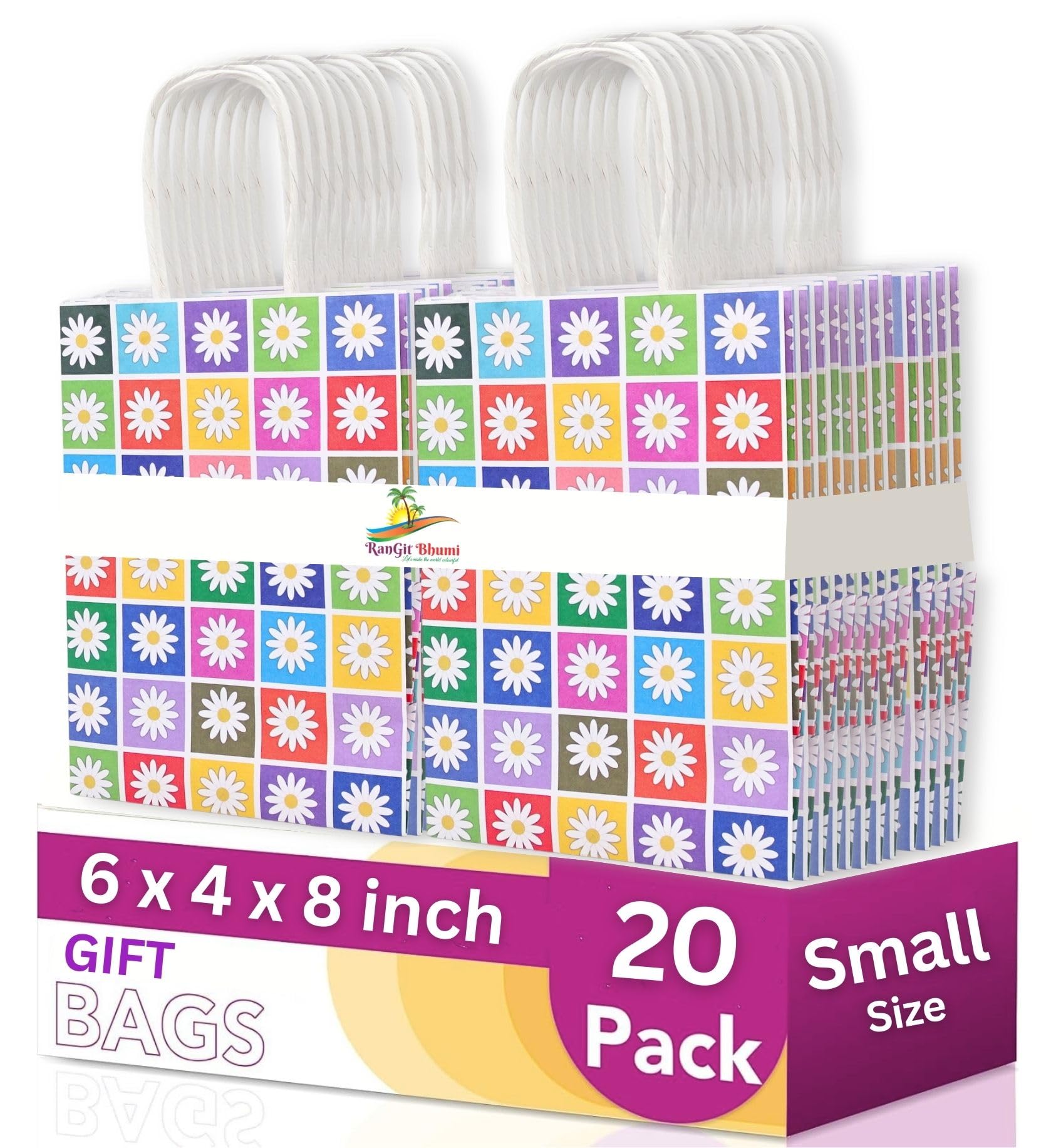 RanGit Bhumi Gift Bags- 20 pcs Small Floral Paper Bags with Handles for Corporate event, Birthday, Wedding, Festivals, Party Favor Goodie Treat Bag, Craft Paper Return Gifting Covers (X-Small-Multicolor, Pack of 20)