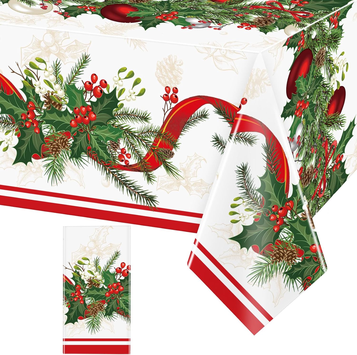 12 Pcs Christmas Plastic Tablecloth 108 x 54 Inch - Disposable Holly Berry & Ribbon Garland Table Cover for Holiday Party, Xmas Dinner, Kitchen & Dining Table Decorations
