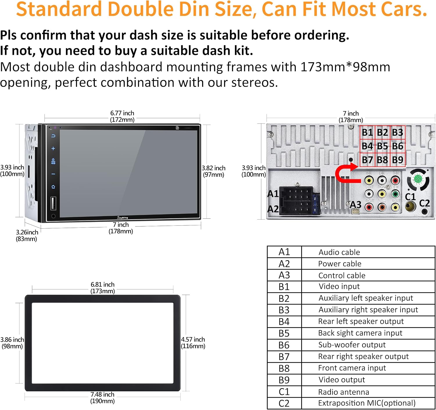 Car Stereo Compatible with Apple Carplay, Double Din 7" Full Touch HD Capacitive Screen - Mirror Link, Bluetooth, Backup Camera, Steering Wheel Controls, Subwoofer, USB/SD Port, AM/FM Car Radio