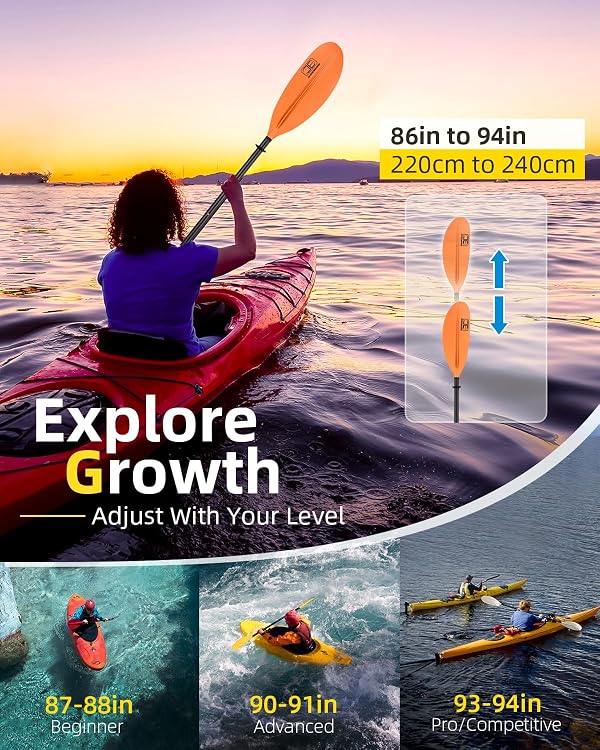 OCEANBROAD Adjustable Carbon Fiber Kayak Paddle 86in/220cm to 94in/240cm Kayaking Oar with Paddle Leash 1 Paddle, Orange by OCEANBROAD - Used condition - Image 2