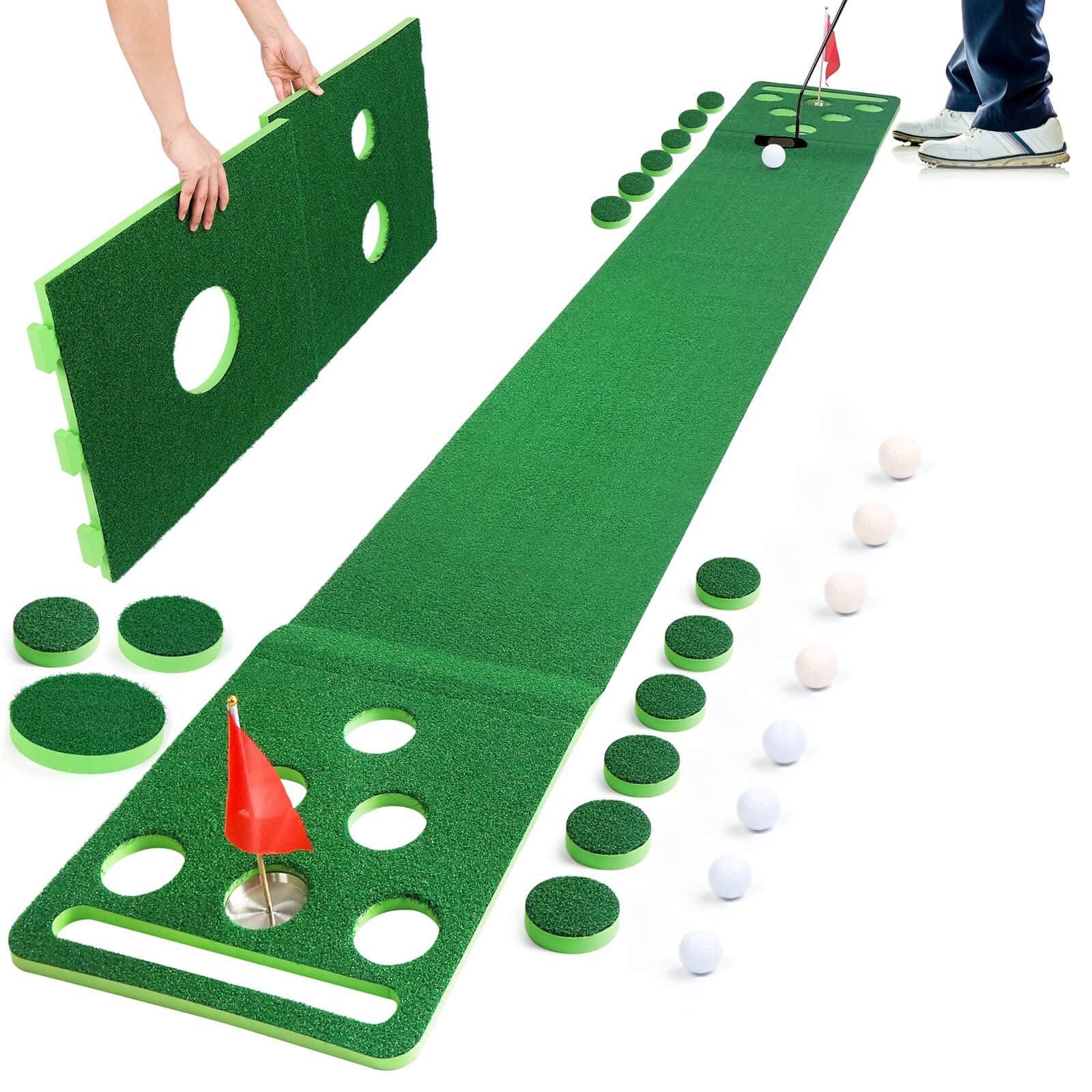 Golf Putting Mat, Extendable Practice Golf Pong-Game Set with 4 connectable Putting Pads,Includes 8pcs Golf Balls and Portable Bag for Indoor Outdoor Party Game Use