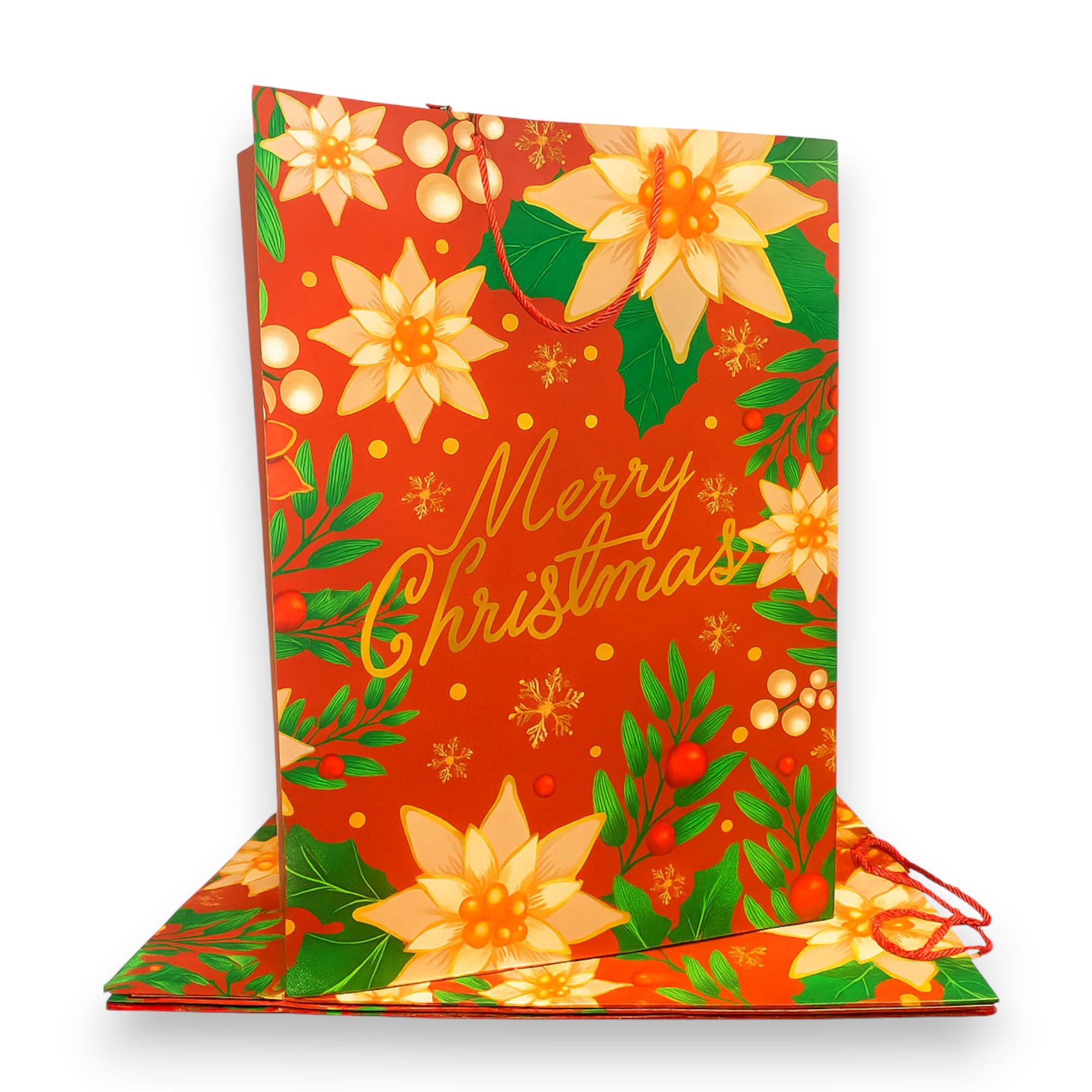 KORAT 12 Buste Regalo Natalizie Carta Plastificata Lucida Vari Formati Sacchetti Regalo Natale Riutilizzabili Manici in Corda per Regali e Bottiglie (Fiore Natalizio - 50x72x16 cm)