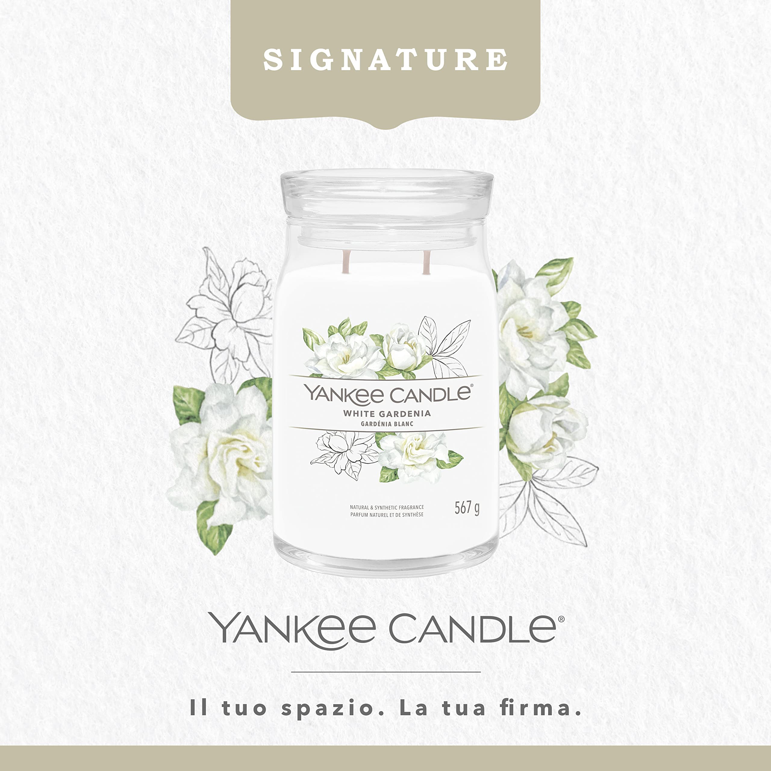 Yankee Candle Signature Candela Profumata, Gardenia Bianca in Giara Grande, Candele di Miscela di Cera di Soia Lunga Durata, Regalo per le Donne