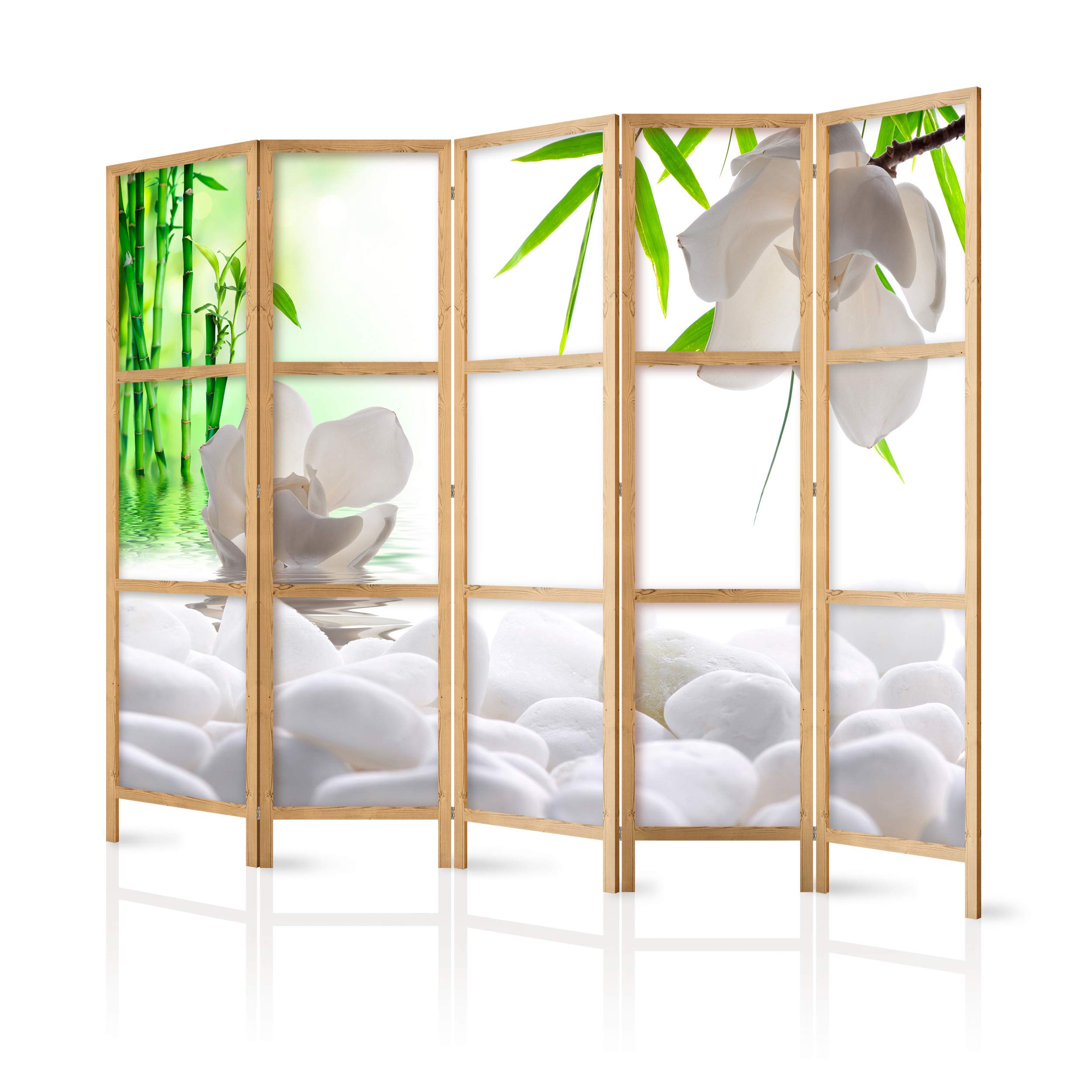 decomonkey Room Divider White Stones Bamboo Water Flower 225x171 cm 5 Panel
