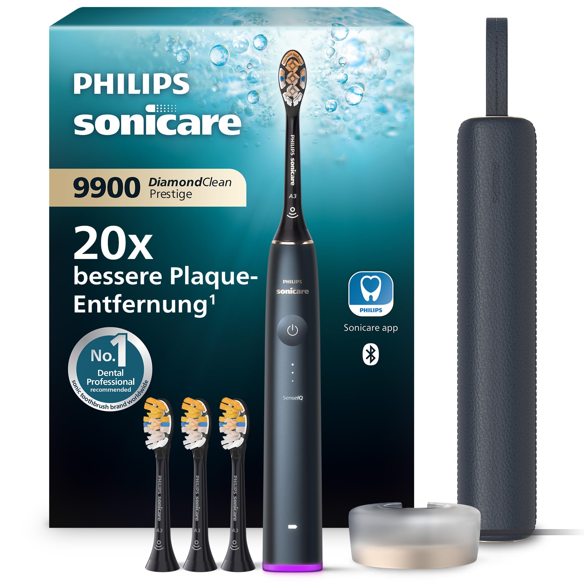 Philips Sonicare DiamondClean 9900 Prestige elektrische Zahnbürste, mit SenseIQ Technologie und App, 5 Putzmodi, 3 Intensitätsstufen, Ladeetui, dunkelblau, Modell HX9992/45