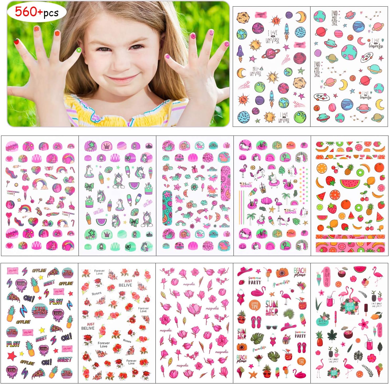 HOWAF 560+Designs Rainbow girls 3D Nail Art Stickers Decals, Rainbow Unicorn Nail Sticker Self-adhesive Nail Toe Manicure Tip Decorations Designs for Kid Girls Women DIY Nail Tip Makeup Decoration