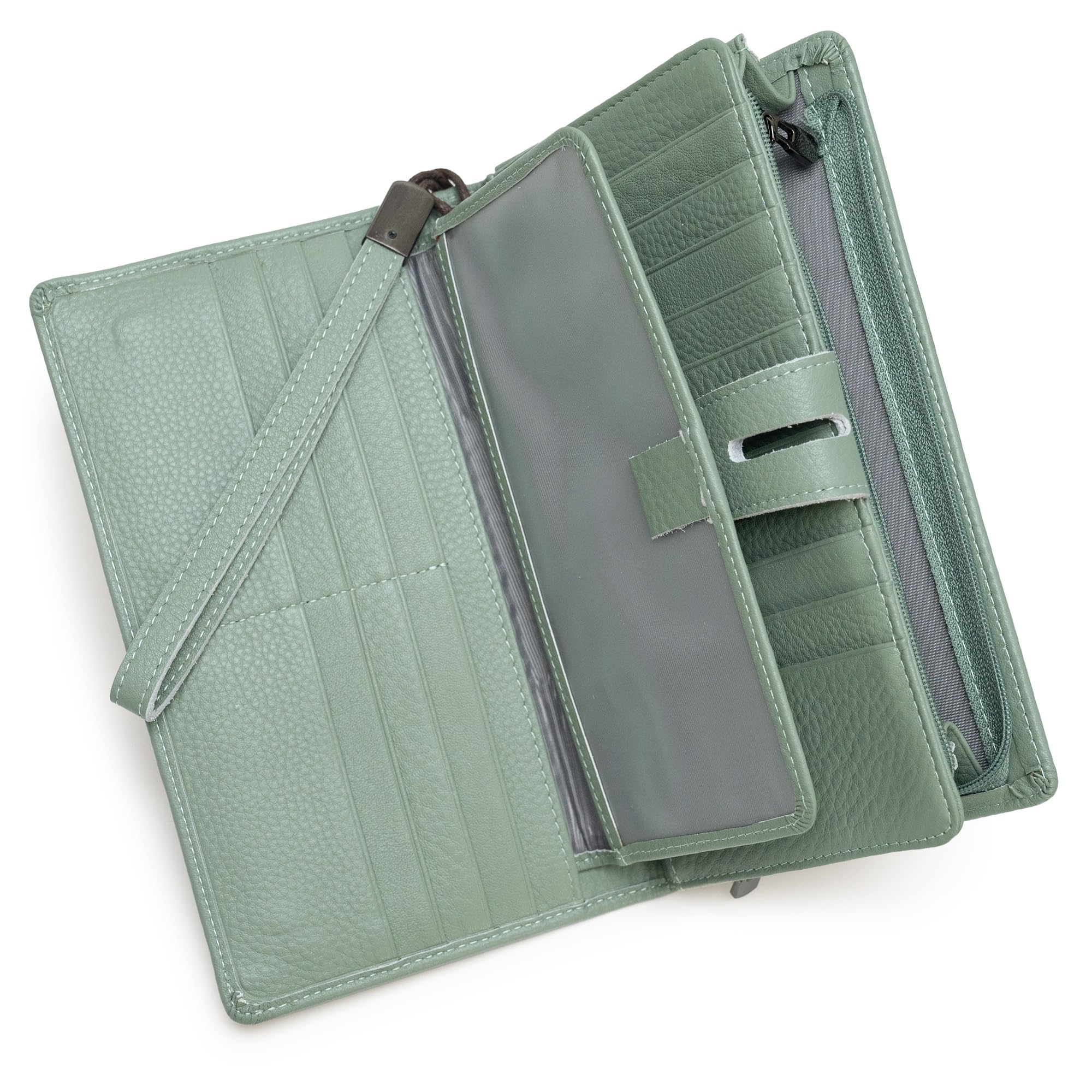 Bveyzi Women's Big Fat Rfid Leather Wristlet Wallet Organizer Large Phone Checkbook Holder with Zipper Pocket (Mint Green)
