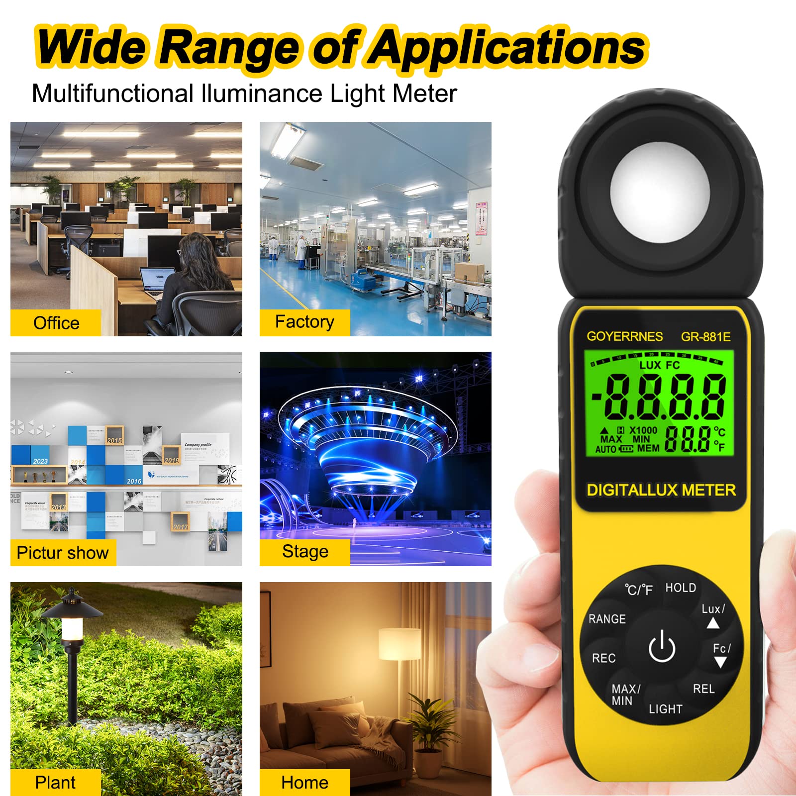 Medidor de luz medidor de iluminancia Digital, GR-881E Lux Meter de Mano de iluminación de Temperatura Ambiente Mide hasta 300.000 Lux fotómetro con 270º Detector Giratorio para fotografía LED.