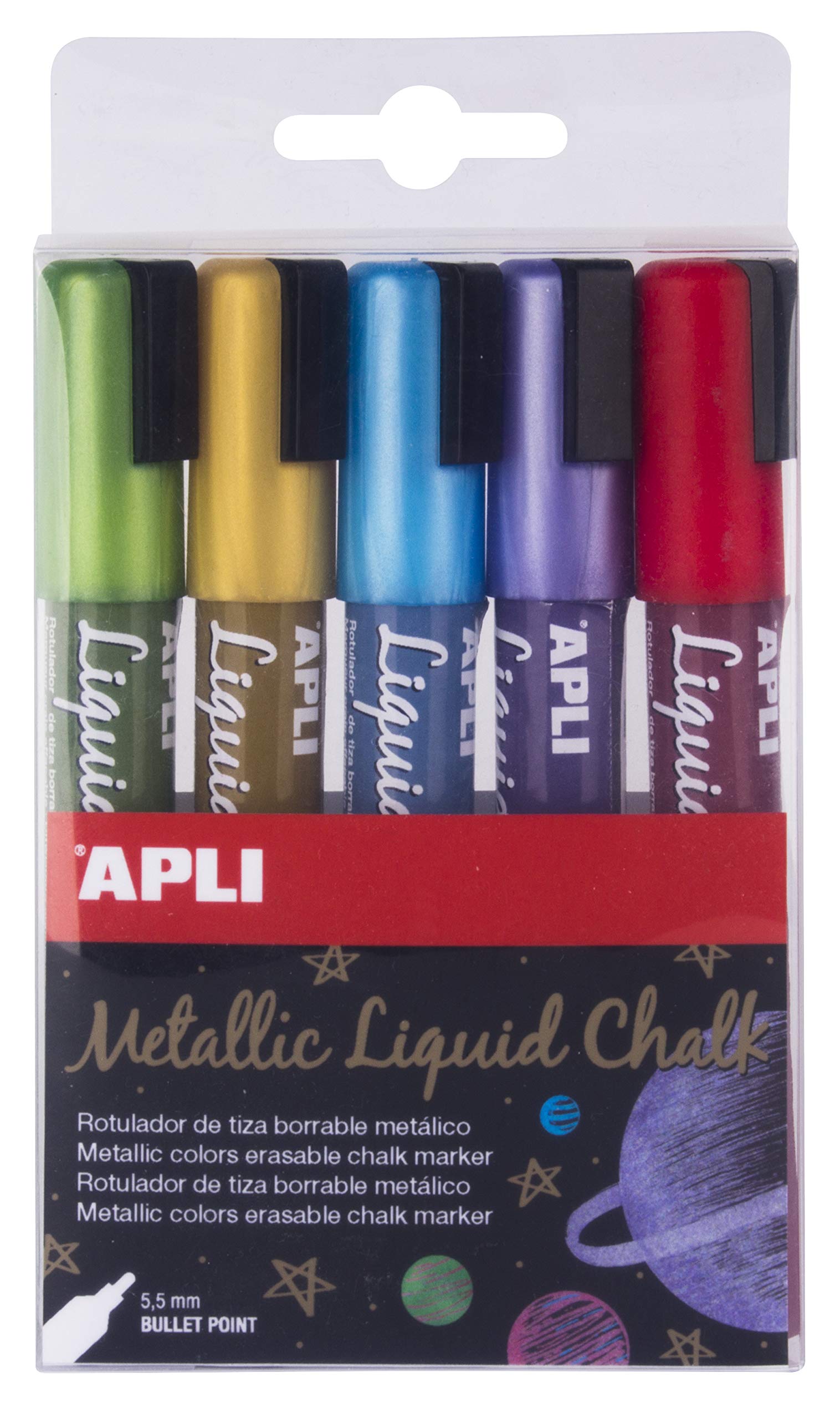 APLI, Pack of 5 Erasable Chalk Markers, 5.5mm, Liquid Chalk Round Tip, Multicolor (Yellow/Blue/Lilac/Red/Green)
