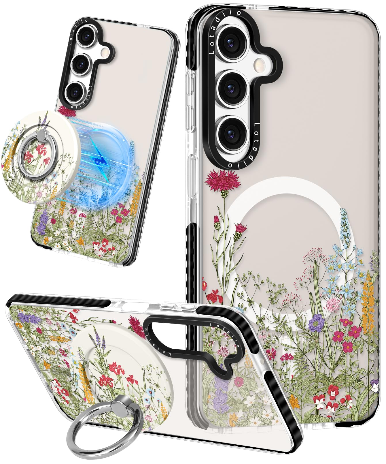 Lotadilo Cute Case for Samsung Galaxy S24 FE for Women Girls - Funny Wild Floral Design Compatible with Magsafe Magnetic Ring Holder Kickstand Fashion