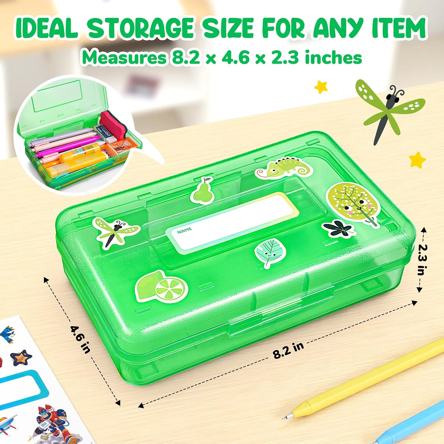 GAMENOTE Plastic Pencil Box with Personalized Sticker,Kid Hard Pencil Case with Snap-tight Lid,Small Art Craft Storage Containers,School Supplies Box for Boys,Girls (Green) image 2