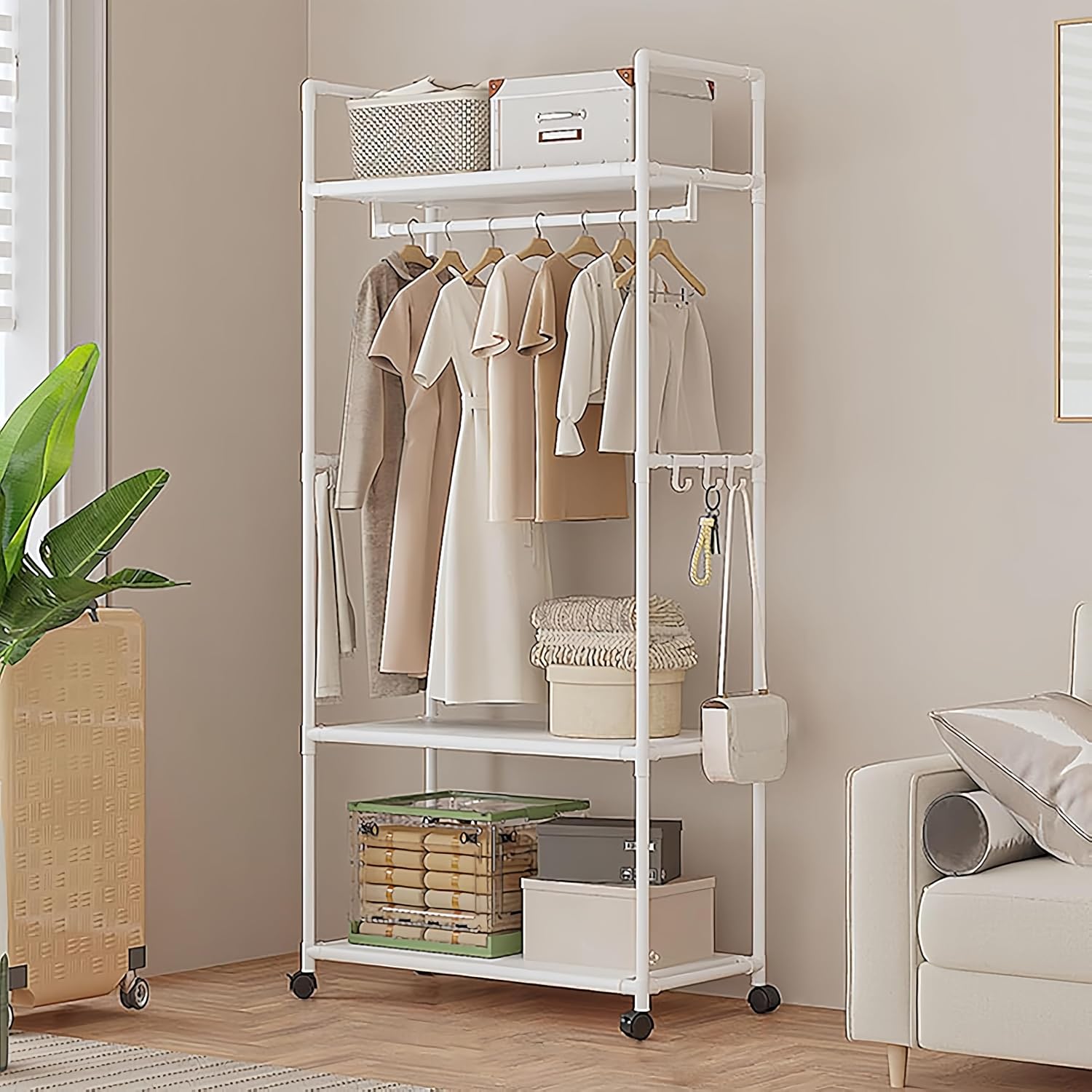Rolling Garment Racks for Hanging Clothes, Standing Clothes Rack with Wheels, Clothes Rack With 3 Shelves And 6 Hooks, For Hanging Clothes,Holds Hats, Scarves, And Ties (white)