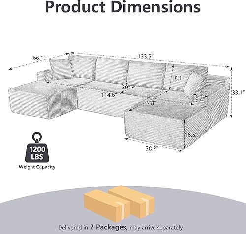Miniatura 2 de Sofá modular de 133.5 pulgadas con tumbonas móviles, sofás deshuesados con portavasos para sala de estar, sofá modular en forma de U de gran tamaño,