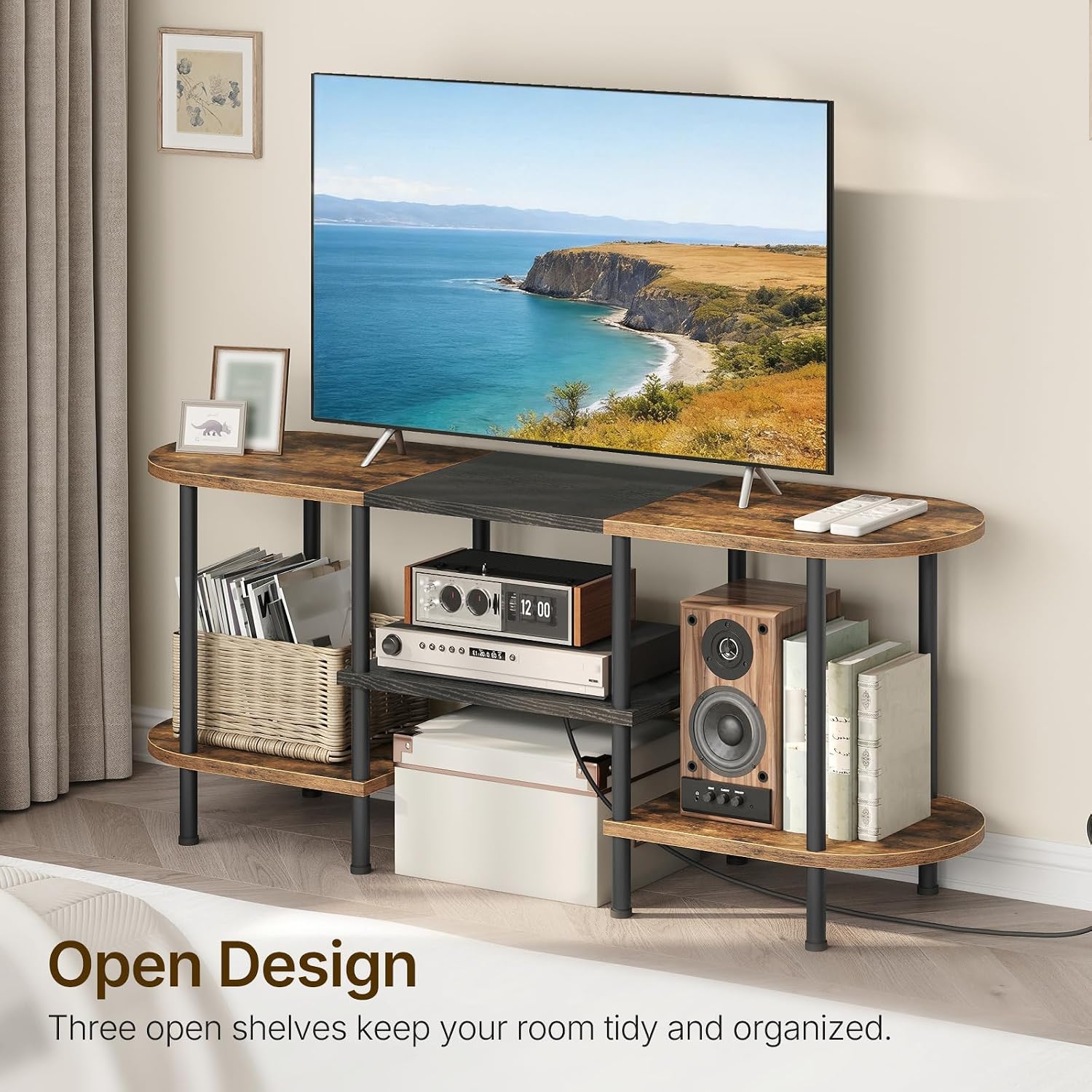 YATINEY TV Stand with Power Outlets, Entertainment Center, for TVs up to 50", TV Console Table with Open Storage Shelves, TV Stands for Living Room, Bedroom, Rustic Brown and Black DS13UBR 6 81 EeGeYRJL. AC SL1500